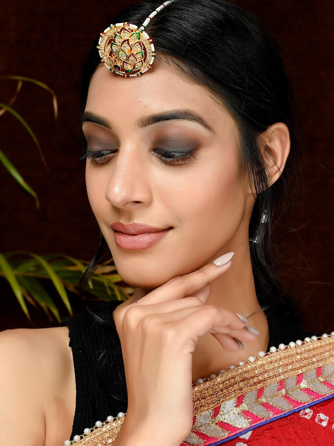 

Silvermerc Designs Gold-Plated White & Green Pearl Studded Meenakari Maang Tikka