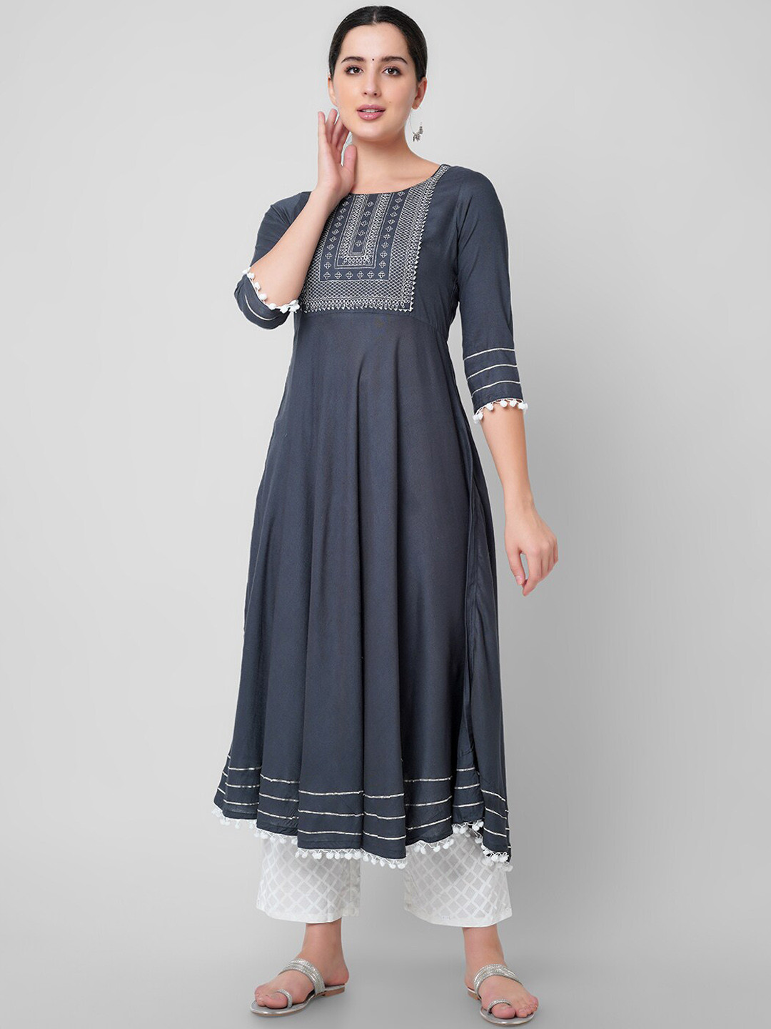

KALINI Women Charcoal Ethnic Motifs Yoke Design Thread Work Anarkali Kurta