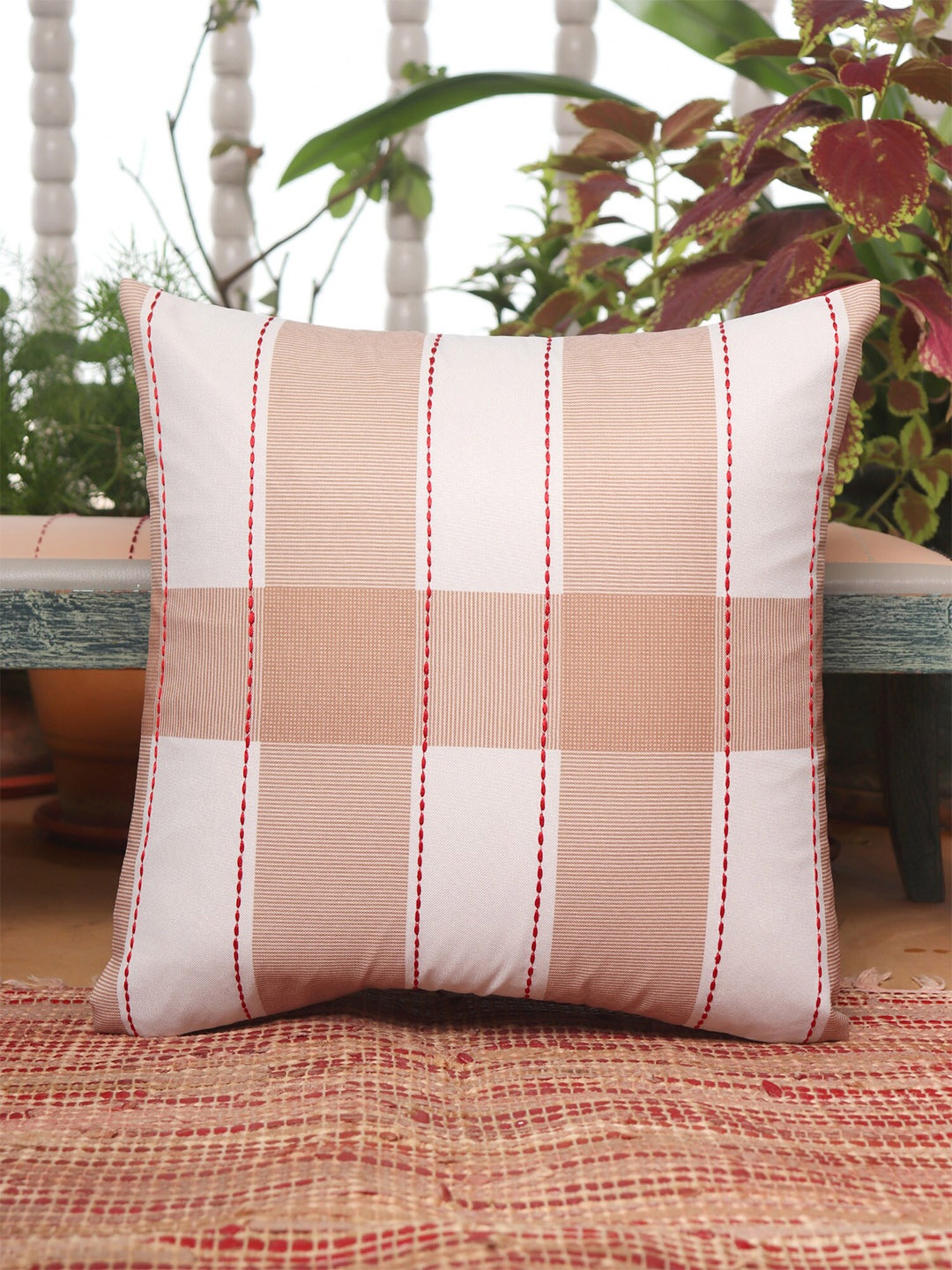 

ZEBA White & Beige Checked Square Cushion Cover