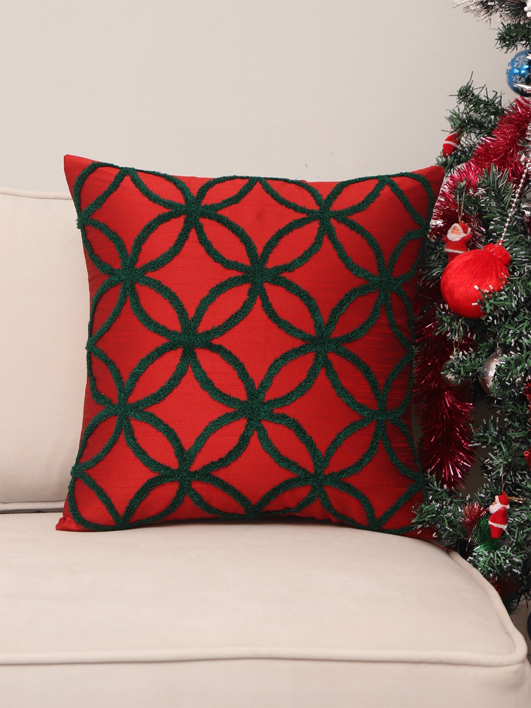 

ZEBA Red & Green Embroidered Square Cushion Cover