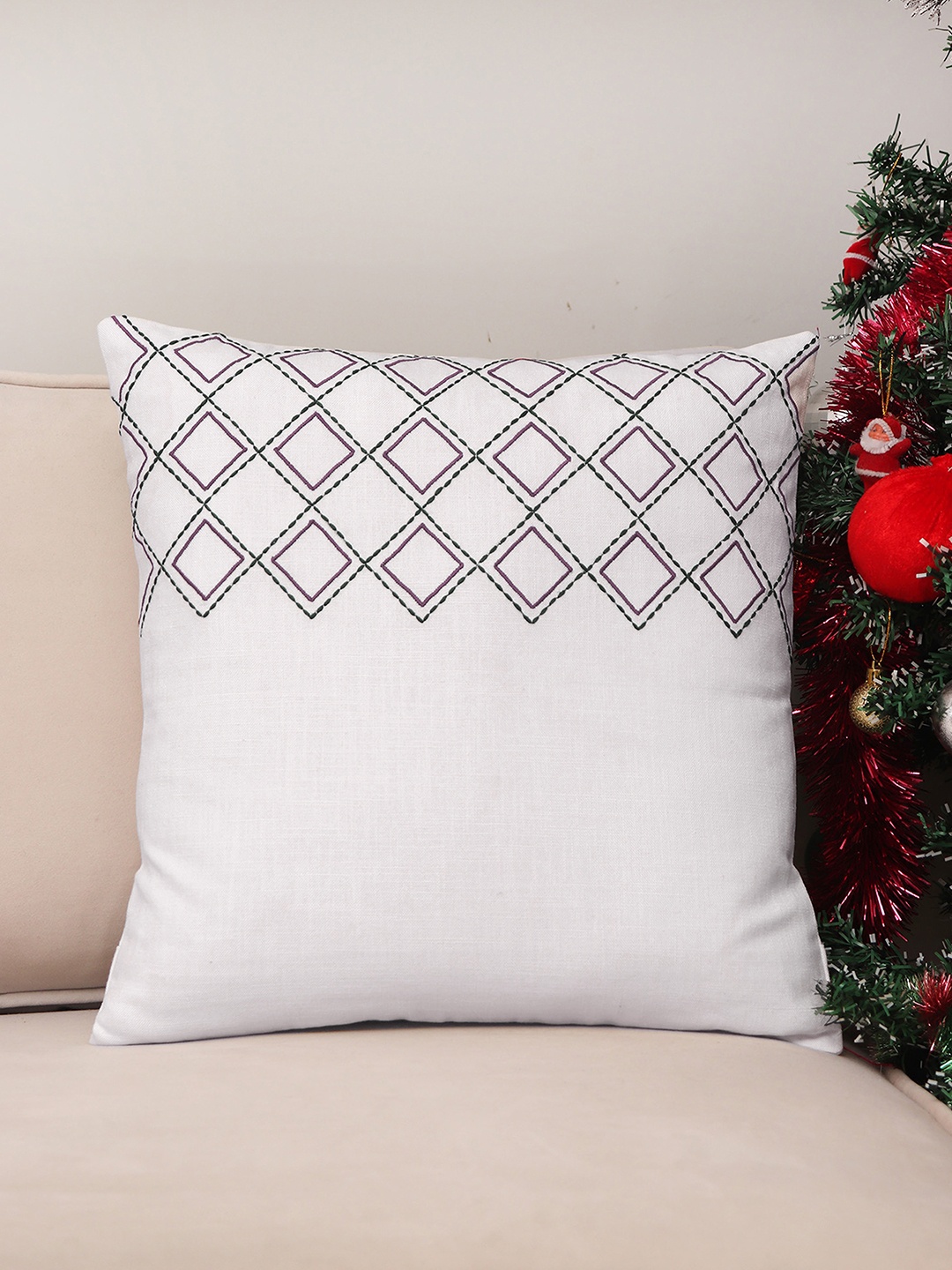 

ZEBA White & Red Embroidered Square Cotton Cushion Cover