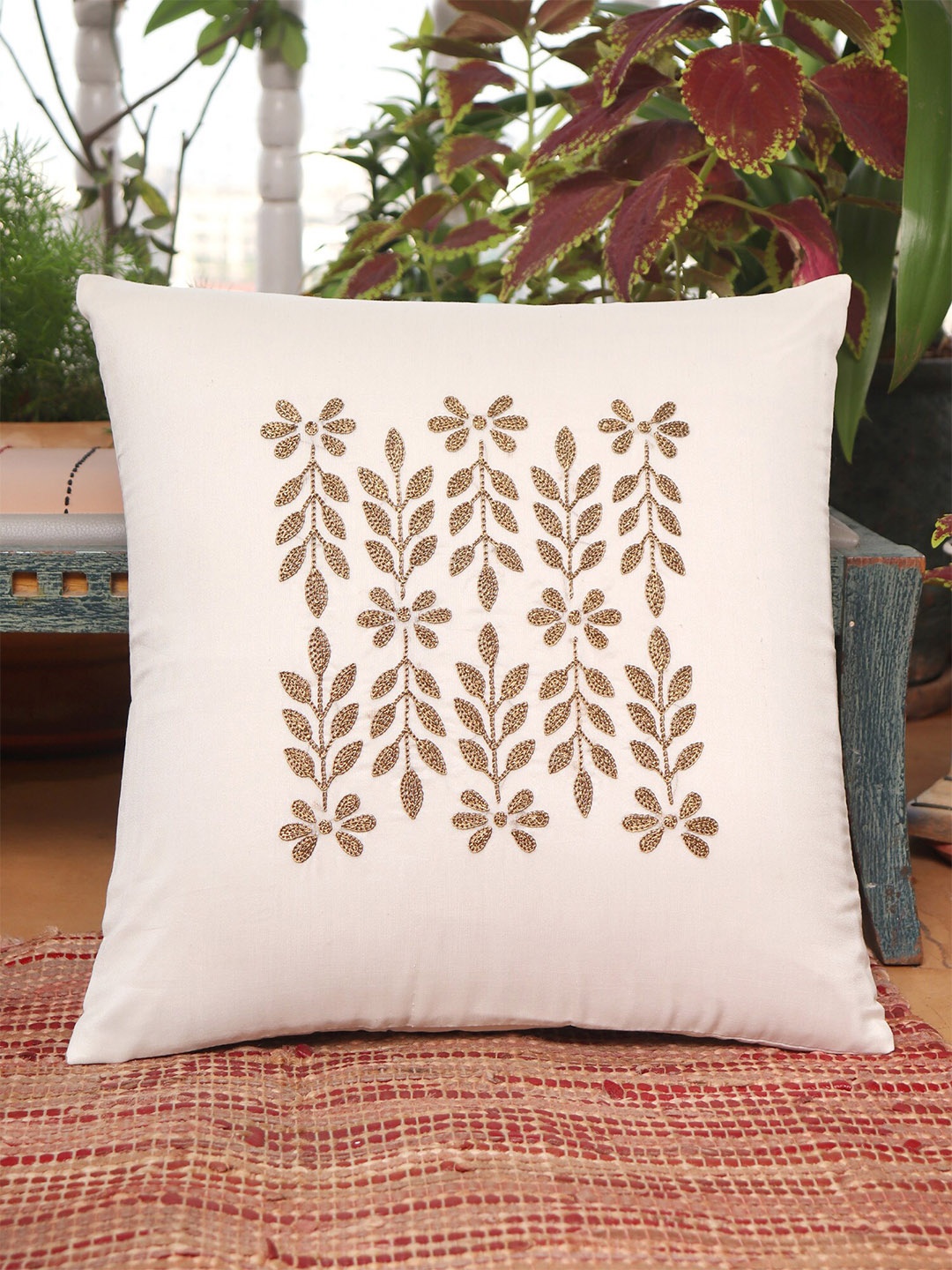 

ZEBA Beige & Gold-Toned Embroidered Square Cushion Cover