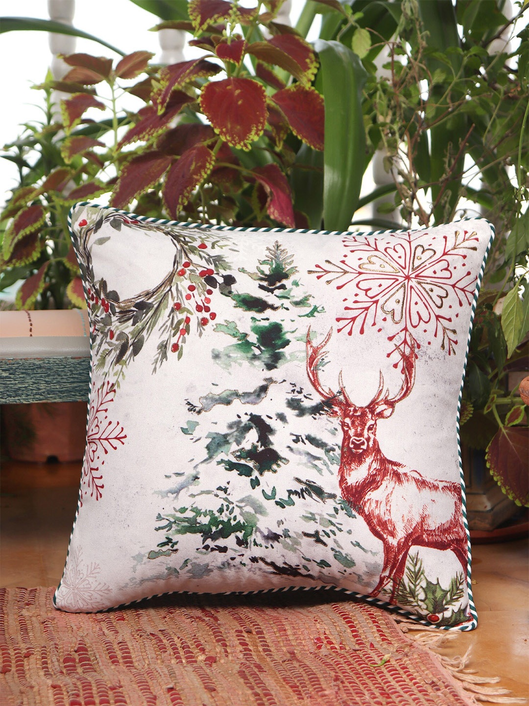 

ZEBA Off White & Blue Printed Square Cotton Cushion Cover