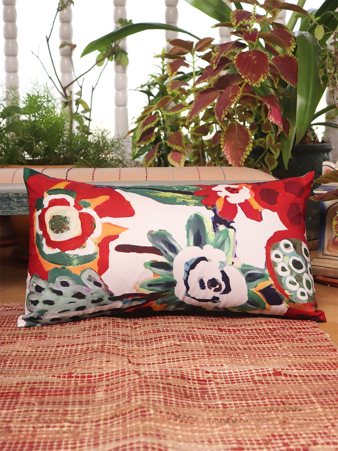 

ZEBA Off White & Red Printed Square Cushion Cover
