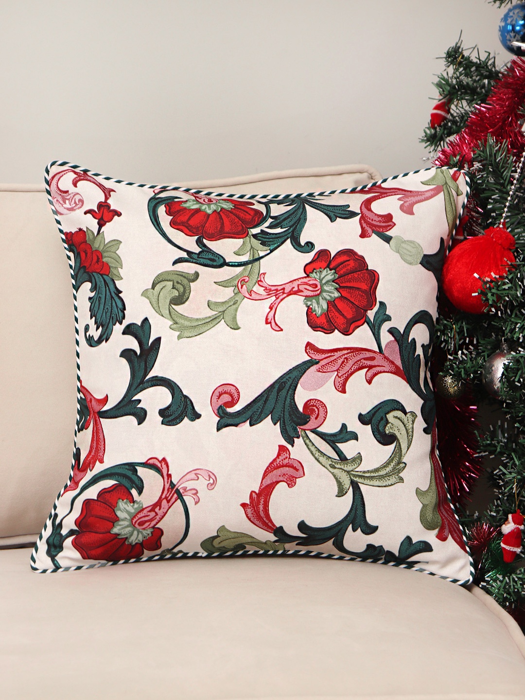 

ZEBA Cream-Coloured & Red Printed Square Cushion Cover