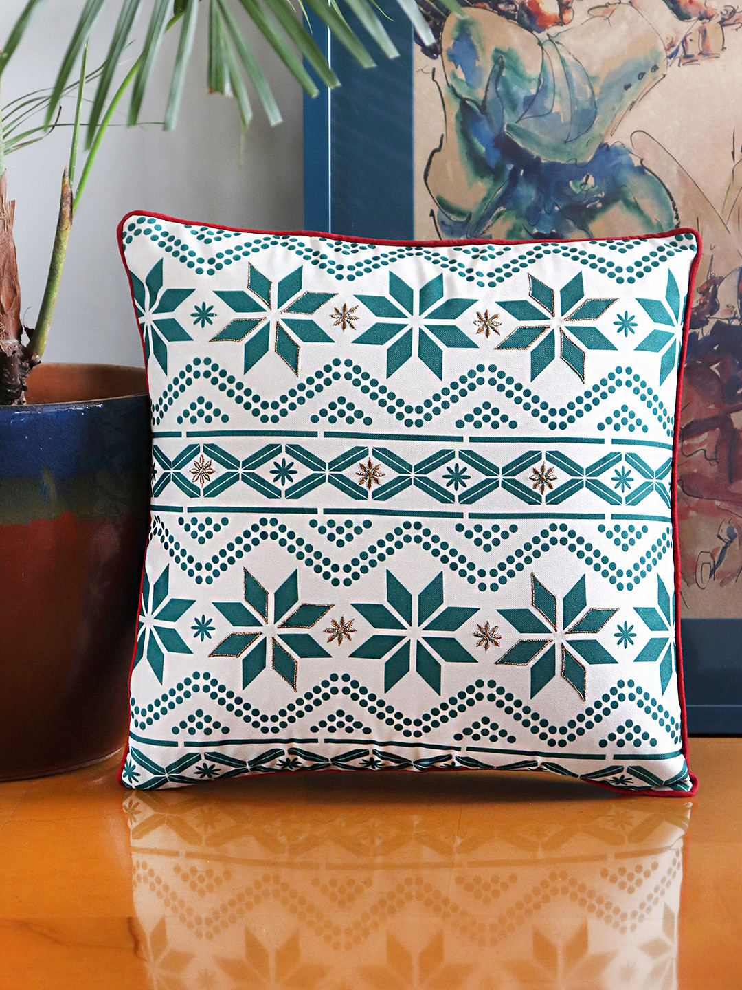 

ZEBA Off White & Green Printed Square Cushion Cover