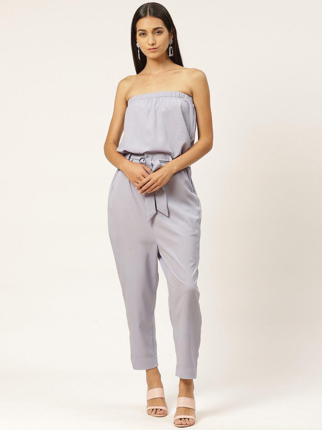 

IQRAAR Grey Strapless Belted Basic Jumpsuit