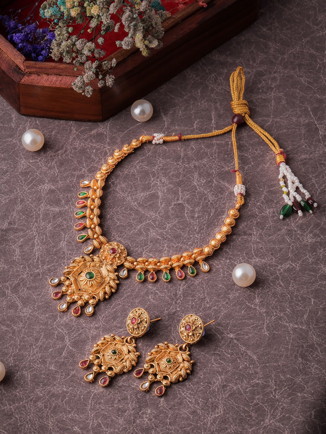 

Brandsoon Gold-Plated Red & Green Stone-Studded Jewellery Set
