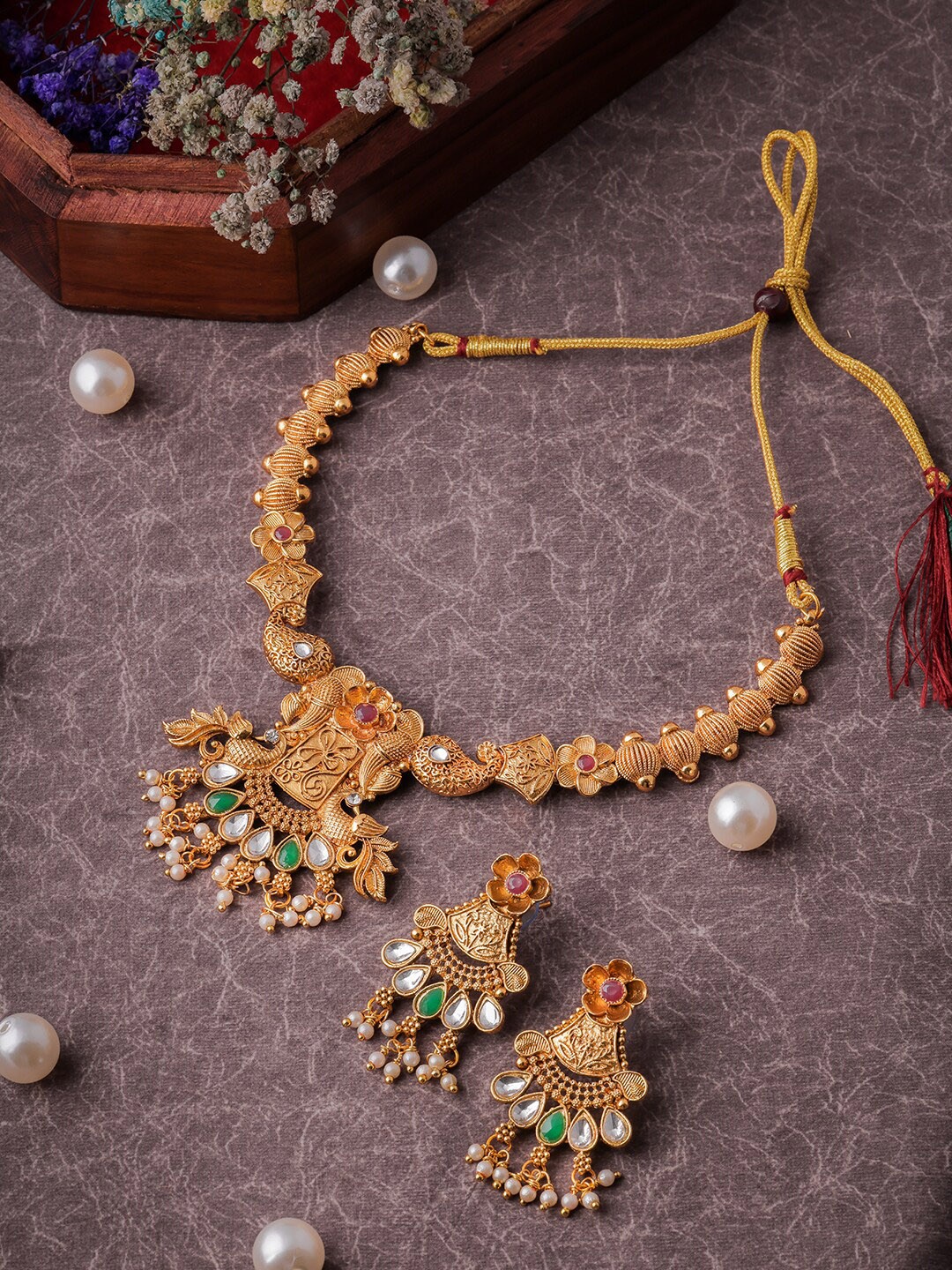 

Brandsoon Gold-Plated White & Green Stone-Studded & Pearl Beaded Temple Jewellery Set