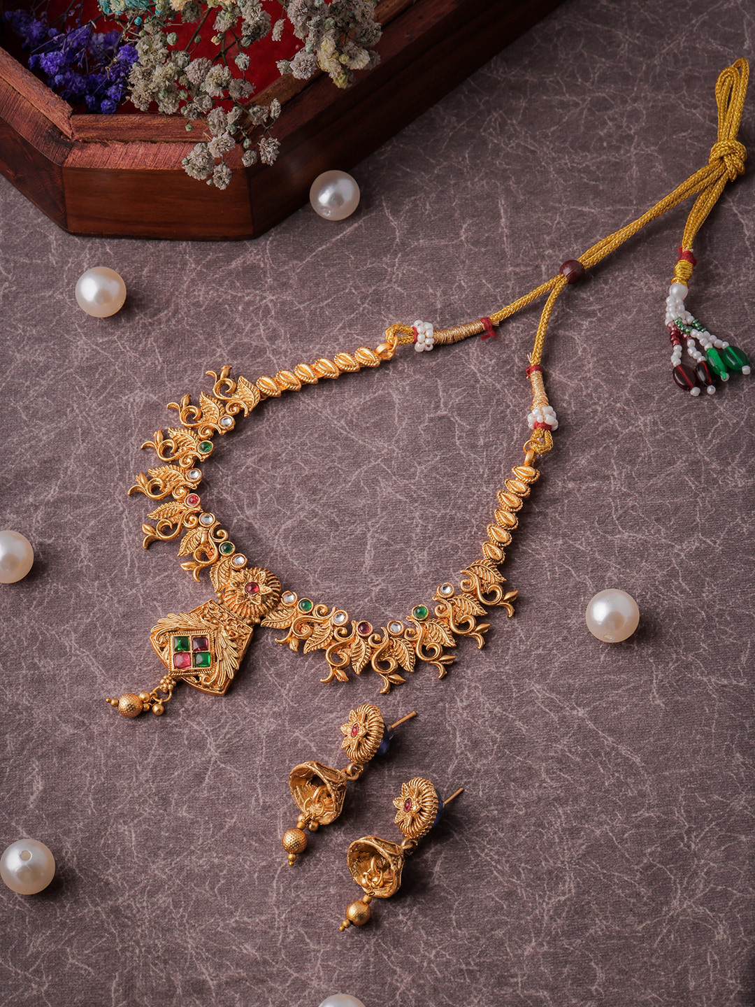 

Brandsoon One Gram Gold-Plated Red & Green Stone Studded Temple Jewellery Set