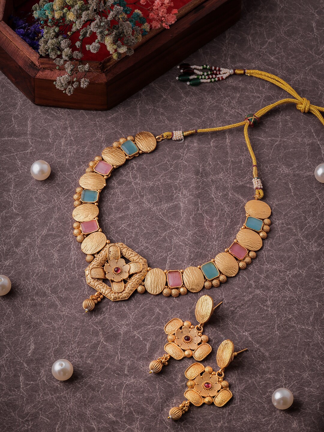 

Brandsoon Gold-Plated Red & Green Stones Studded Jewellery Set