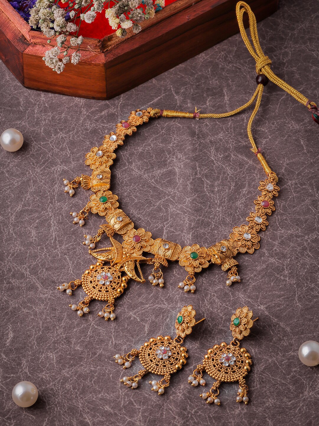 

Brandsoon Gold-Plated White & Green Stones-Studded & Beaded New One Gram Temple Jewellery Set