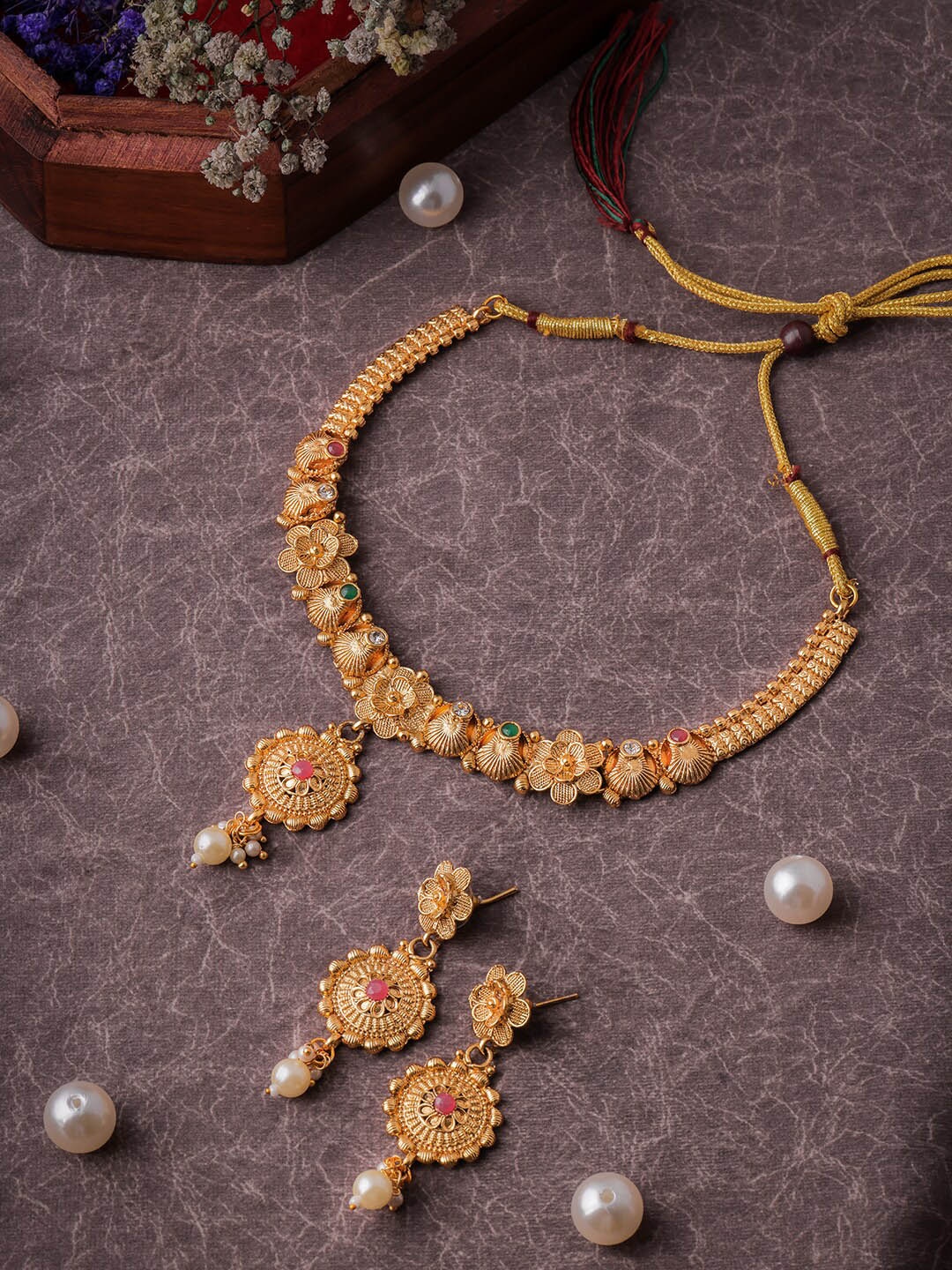 

Brandsoon Gold-Plated White & Green Stone-Studded & Pearl Beaded Temple Jewellery Set