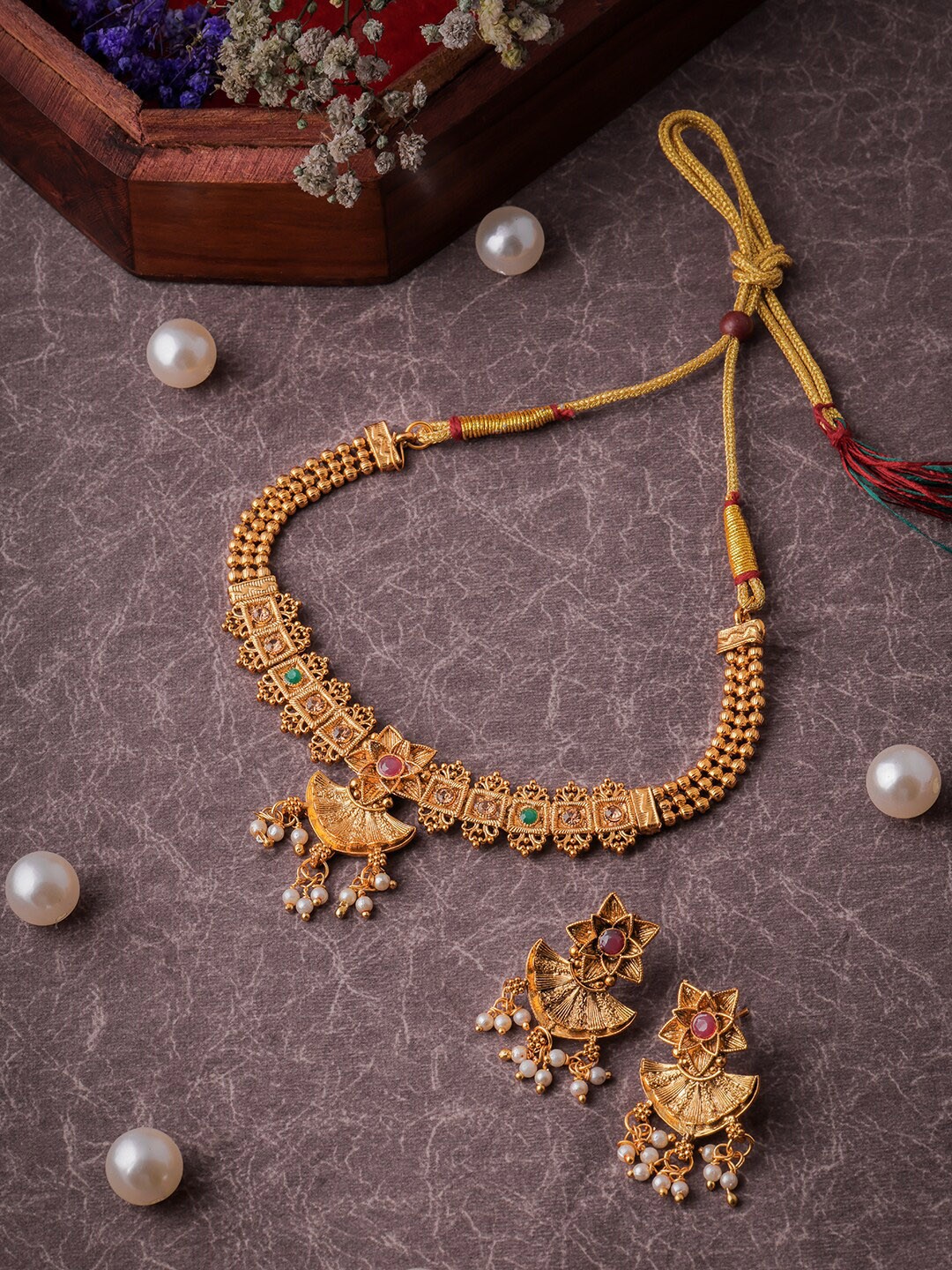 

Brandsoon Gold-Plated & Pink Stone Studded Temple Jewellery Set