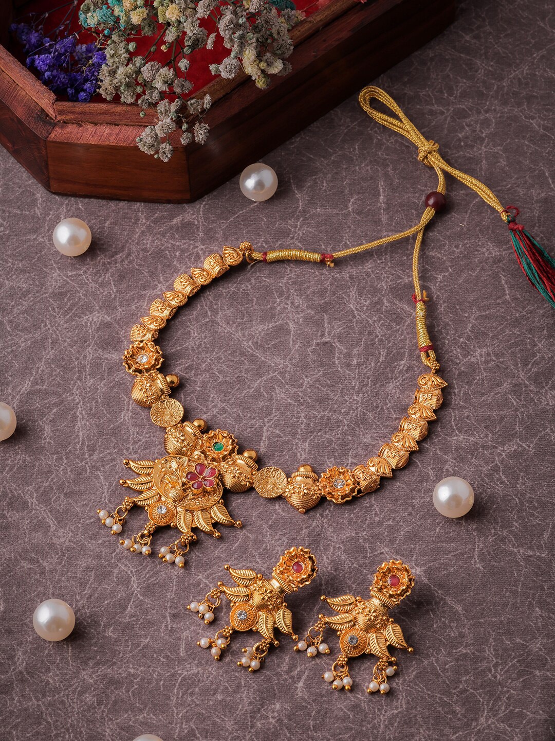 

Brandsoon Gold-Plated White & Green Stone-Studded & Pearl Beaded Temple Jewellery Set