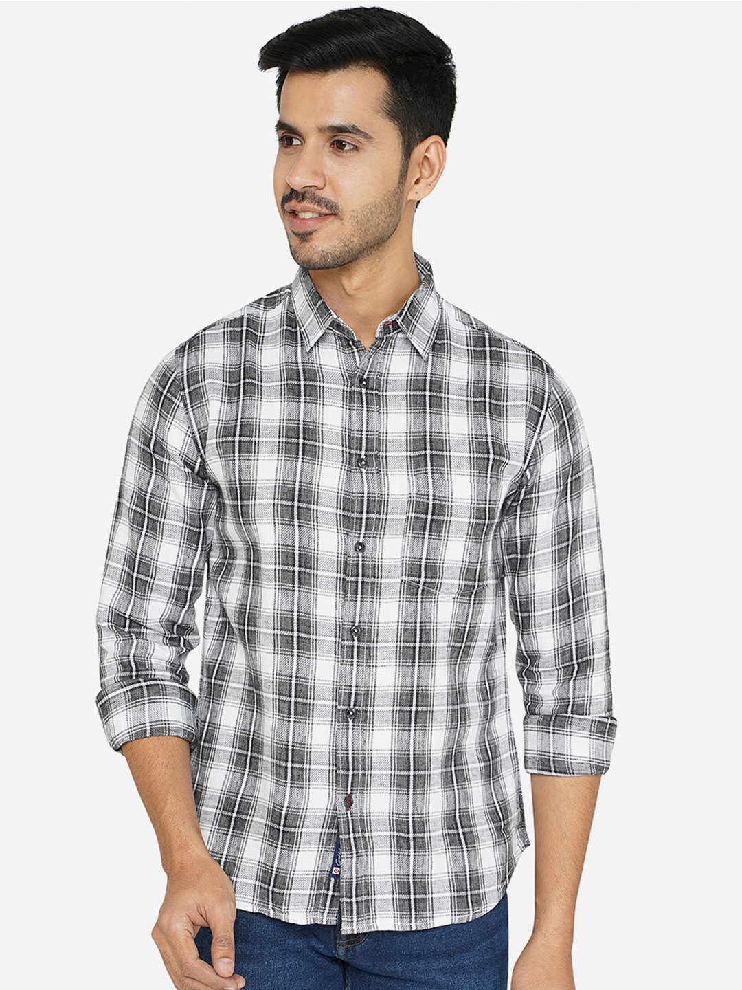 

Greenfibre Men Black Classic Slim Fit Tartan Checks Cotton Casual Shirt