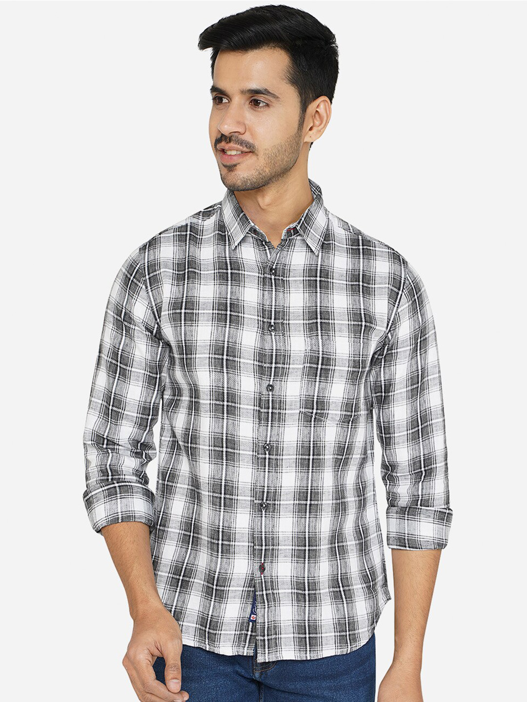 

Greenfibre Men Black Classic Slim Fit Tartan Checks Cotton Casual Shirt