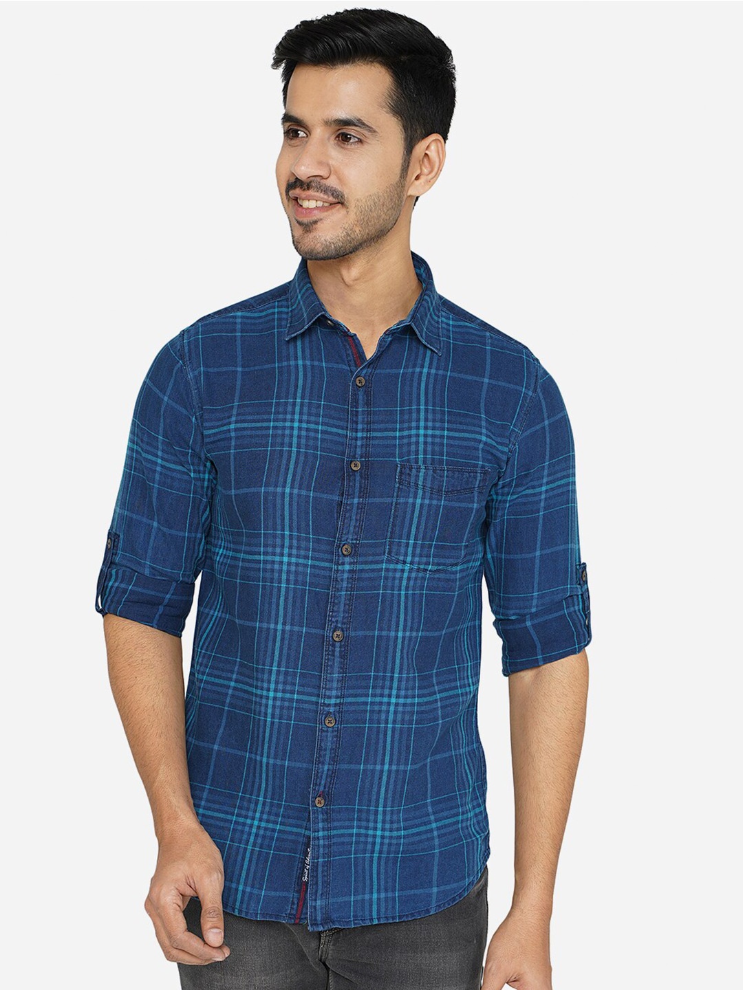 

JADE BLUE Classic Slim Fit Checked Casual Cotton Shirt, Navy blue