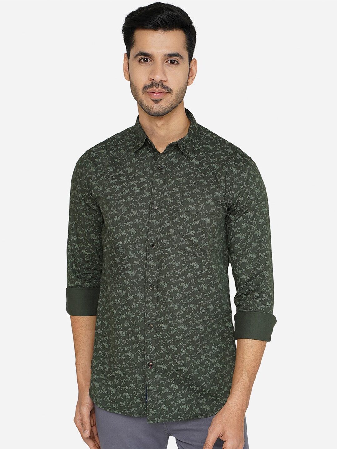 

JADE BLUE Men Classic Slim Fit Floral Printed Casual Cotton Shirt, Olive