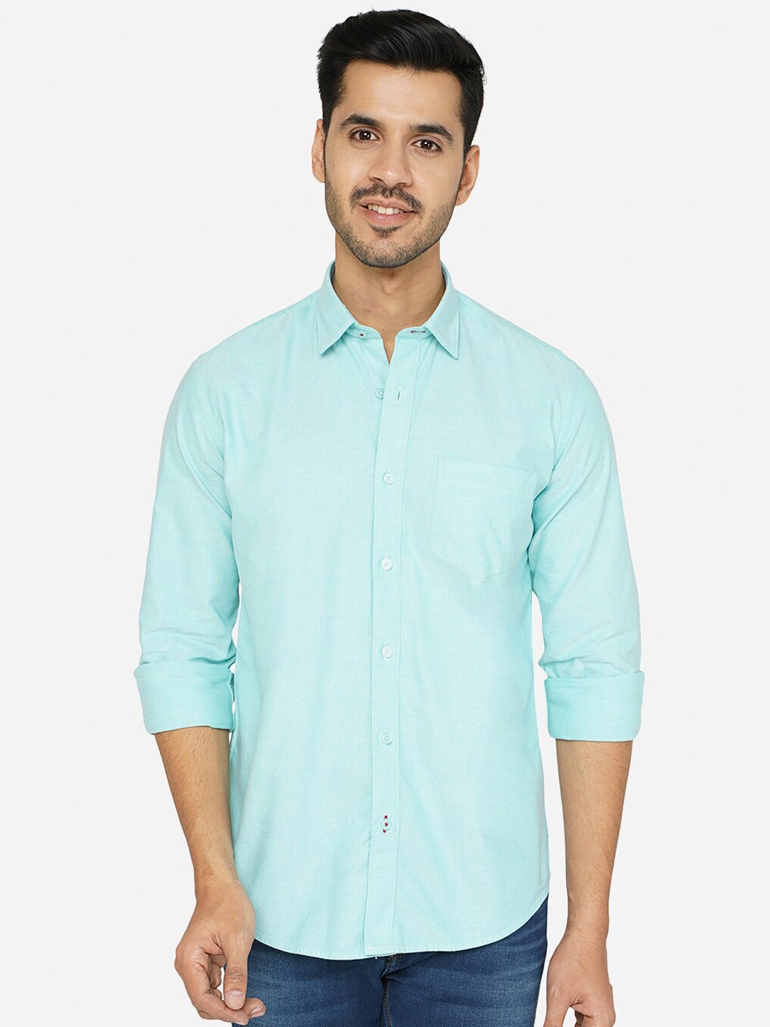 

JADE BLUE Men Turquoise Blue Classic Slim Fit Casual Cotton Shirt