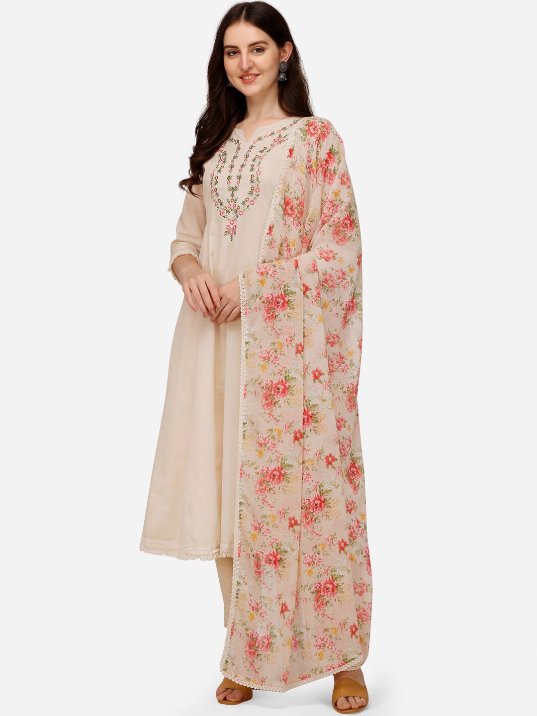 

Pure 9 Women Cream-Coloured Embroidered Thread Work Pure Cotton Kurta with Trousers & With Dupatta