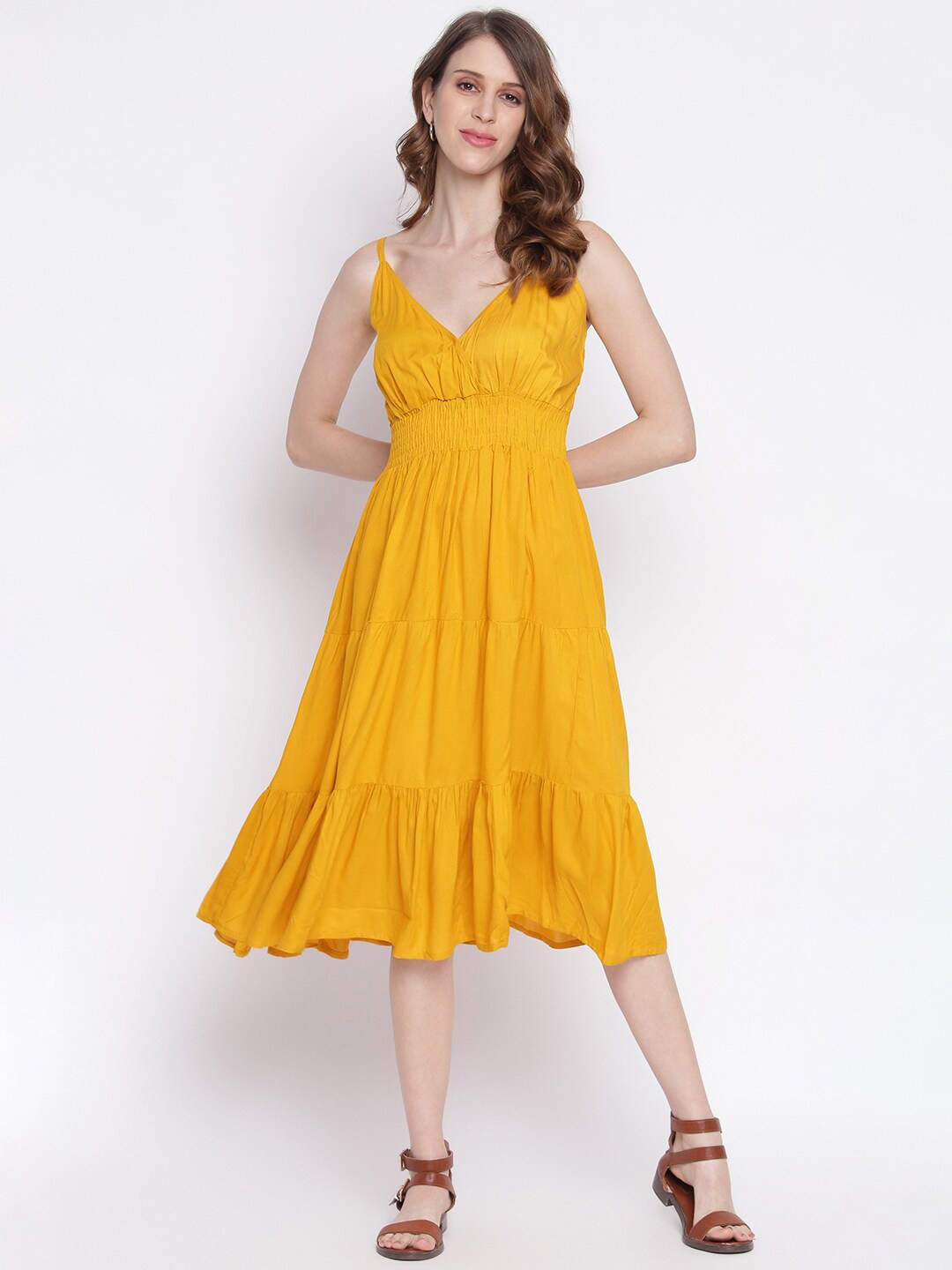 

IQRAAR Yellow Tiered Midi Dress