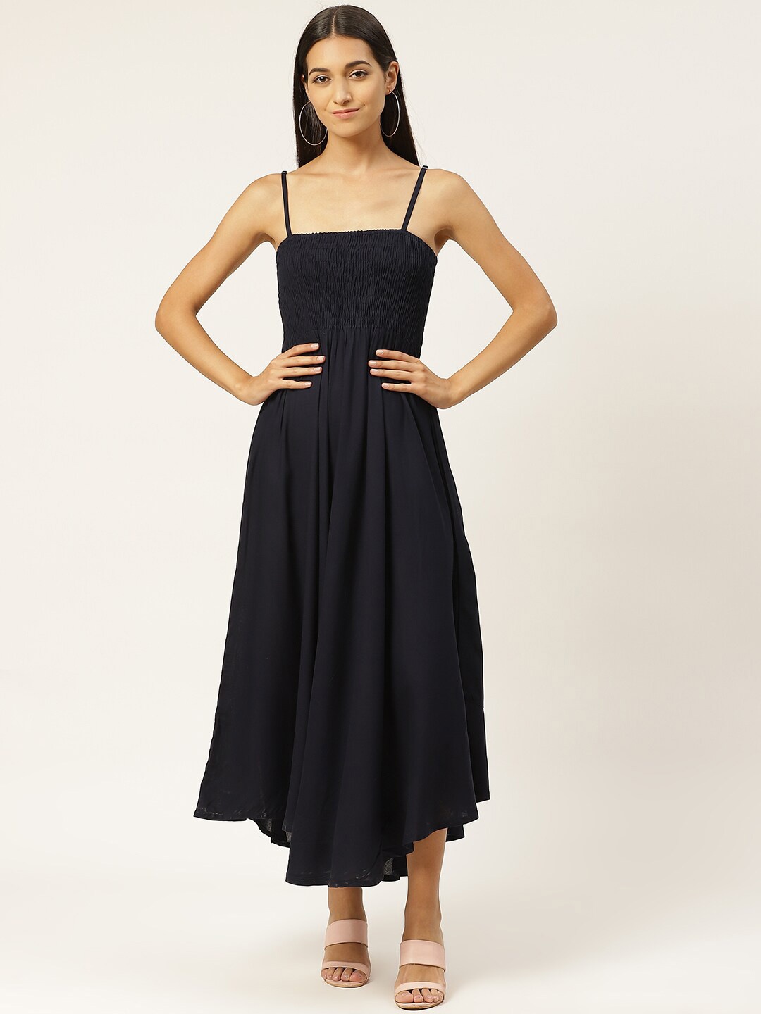 

IQRAAR Fit and Flare Shoulder Straps Sleeveless Midi Dress, Navy blue