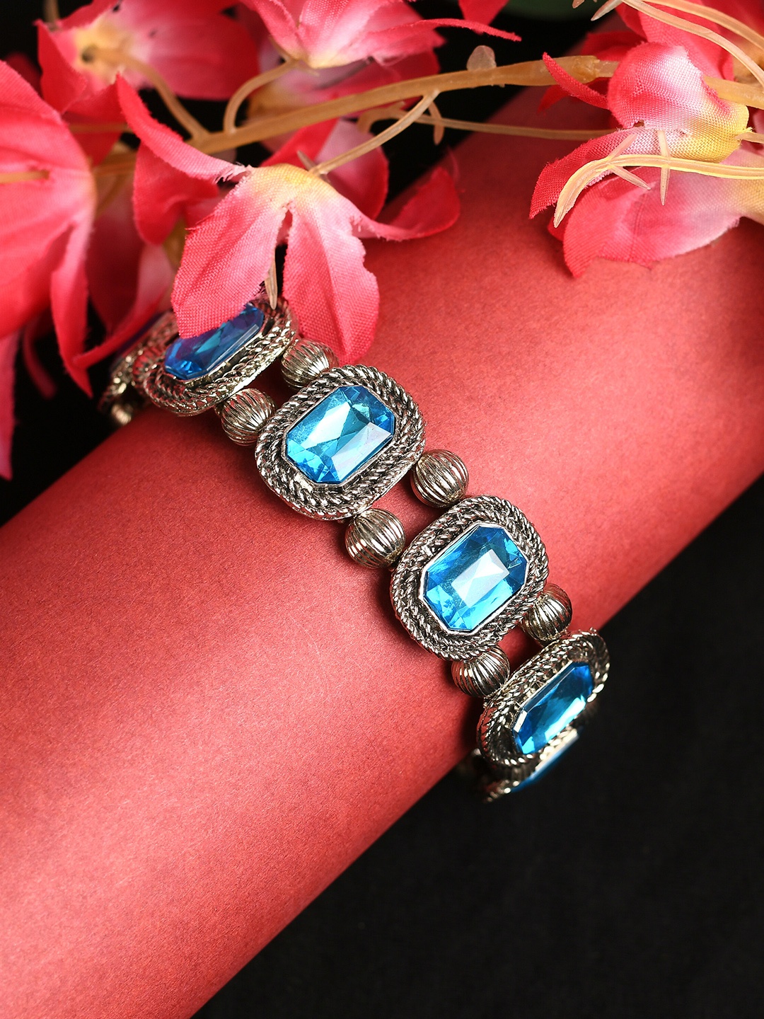 

Ratfanee Women Silver-Toned & Turquoise Blue Oxidised Silver-Plated Cuff Bracelet