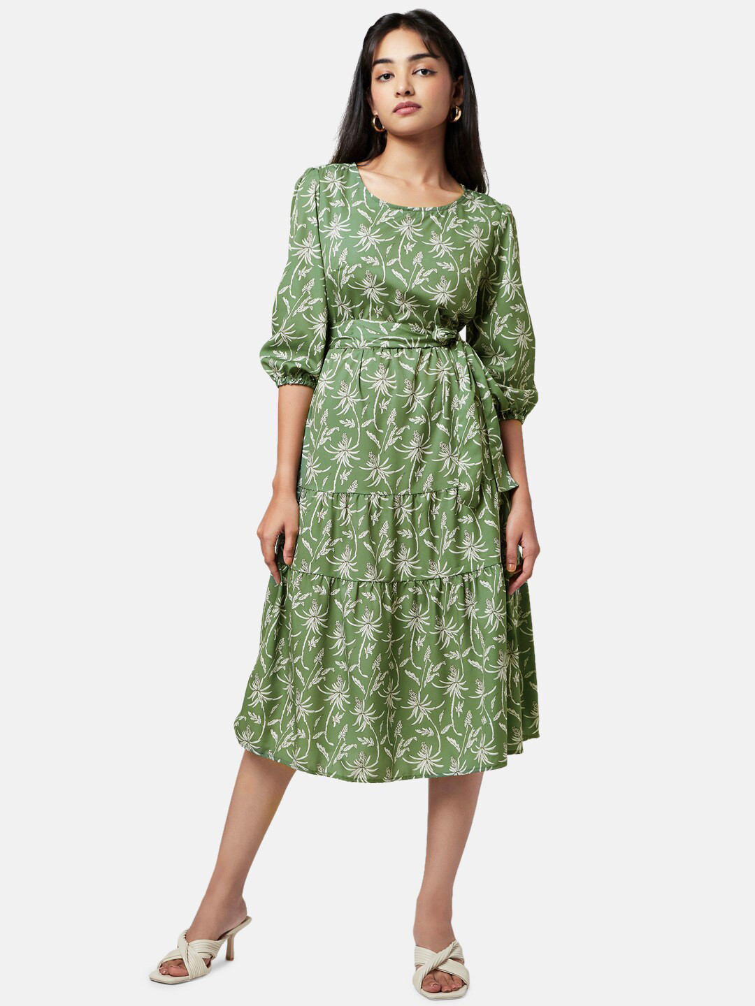 

YU by Pantaloons Women Olive Green & Off White Floral Midi Dress