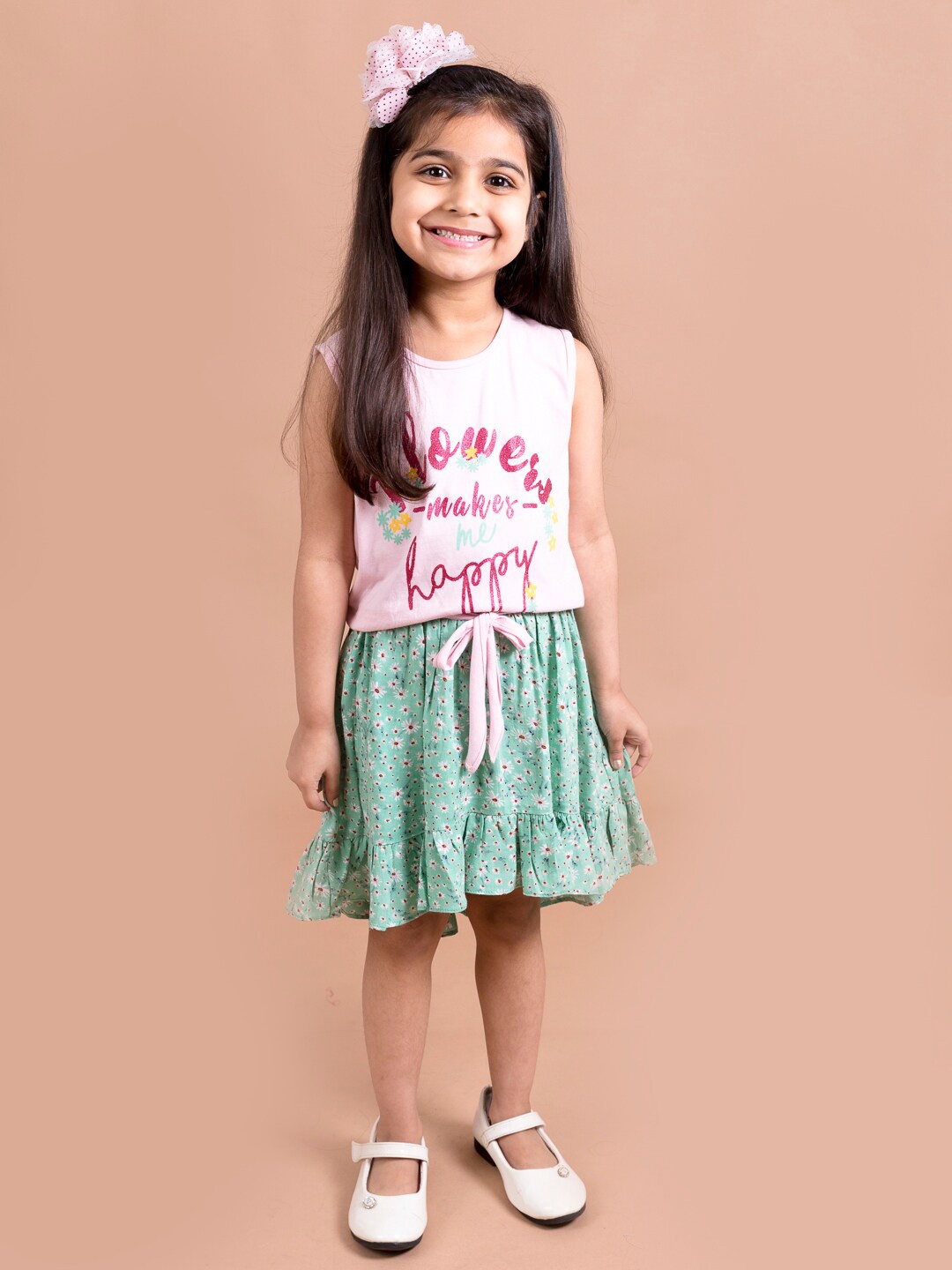 

pspeaches Girls Green & Pink Printed T-shirt with Skirt