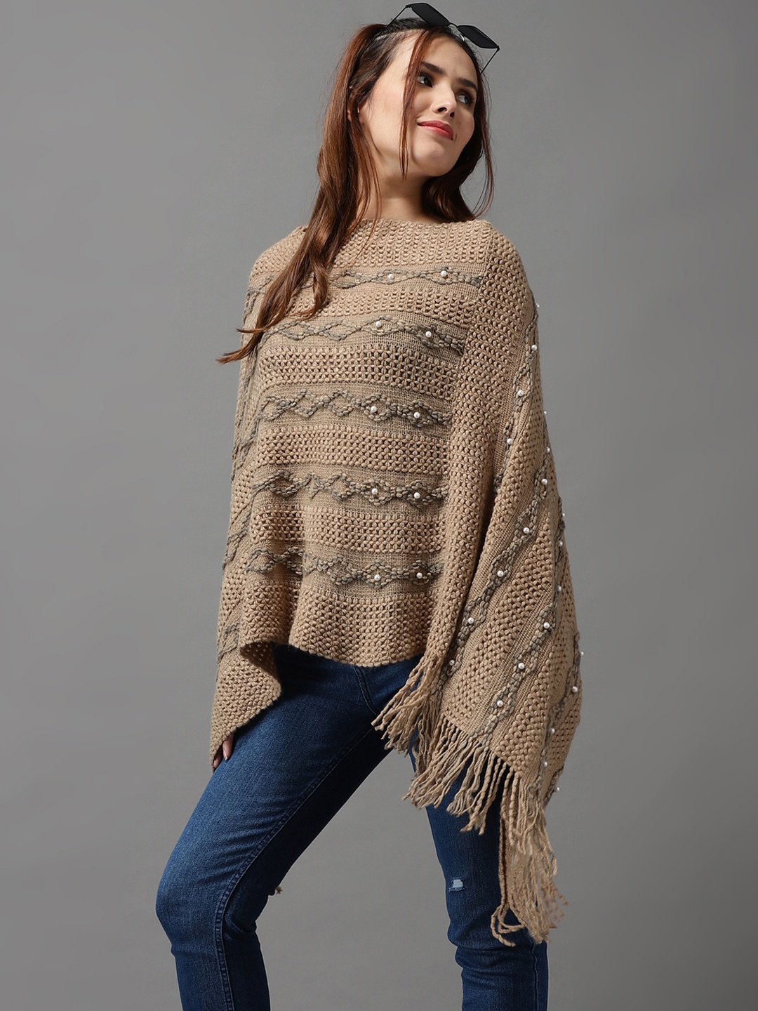 

SHOWOFF Women Beige & White Cable Knit Poncho with Embellished Detail