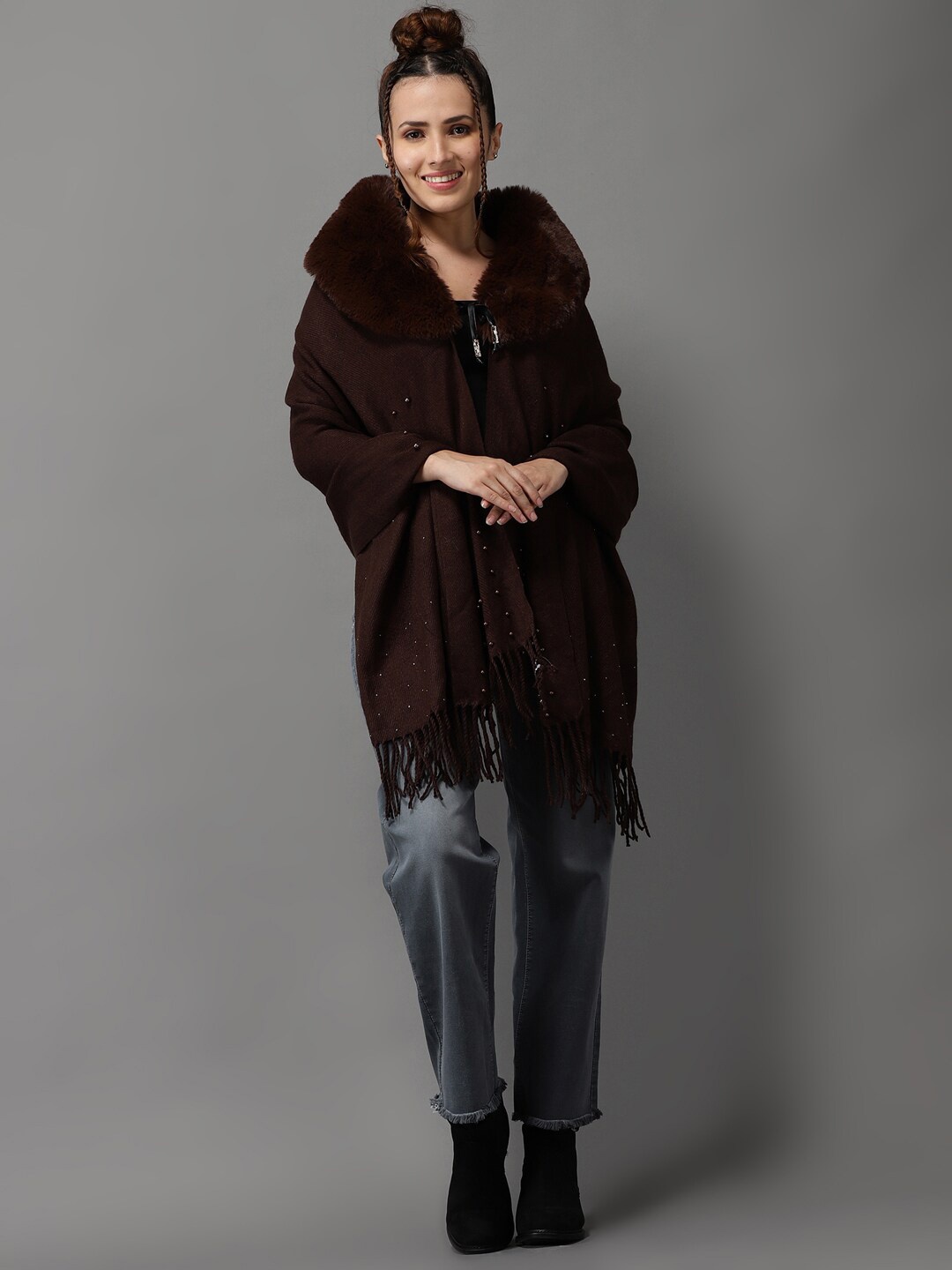 

SHOWOFF Women Brown Longline Wool Poncho with Embellished Detail