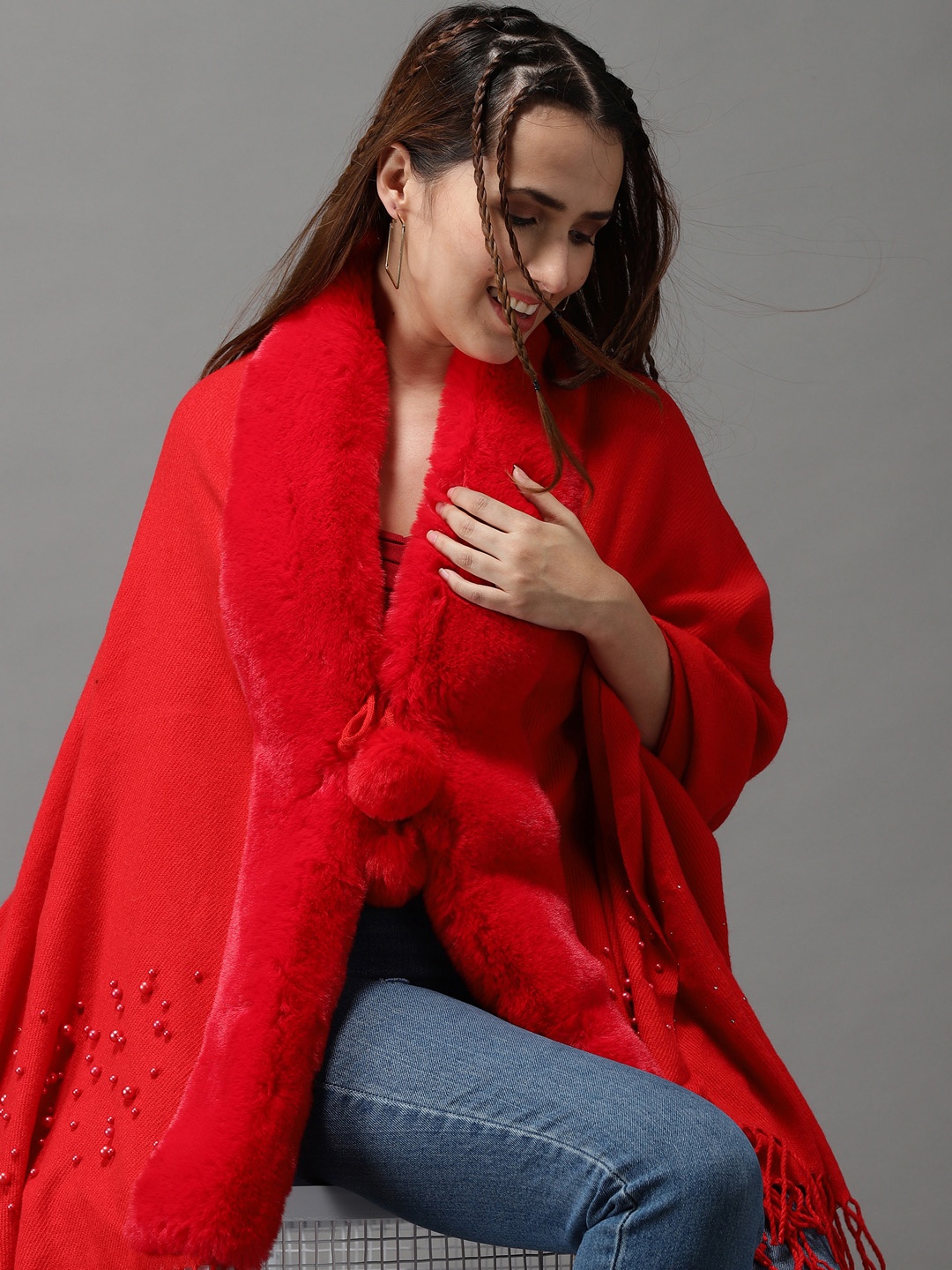

SHOWOFF Women Red Longline Wool Poncho with Fuzzy Detail