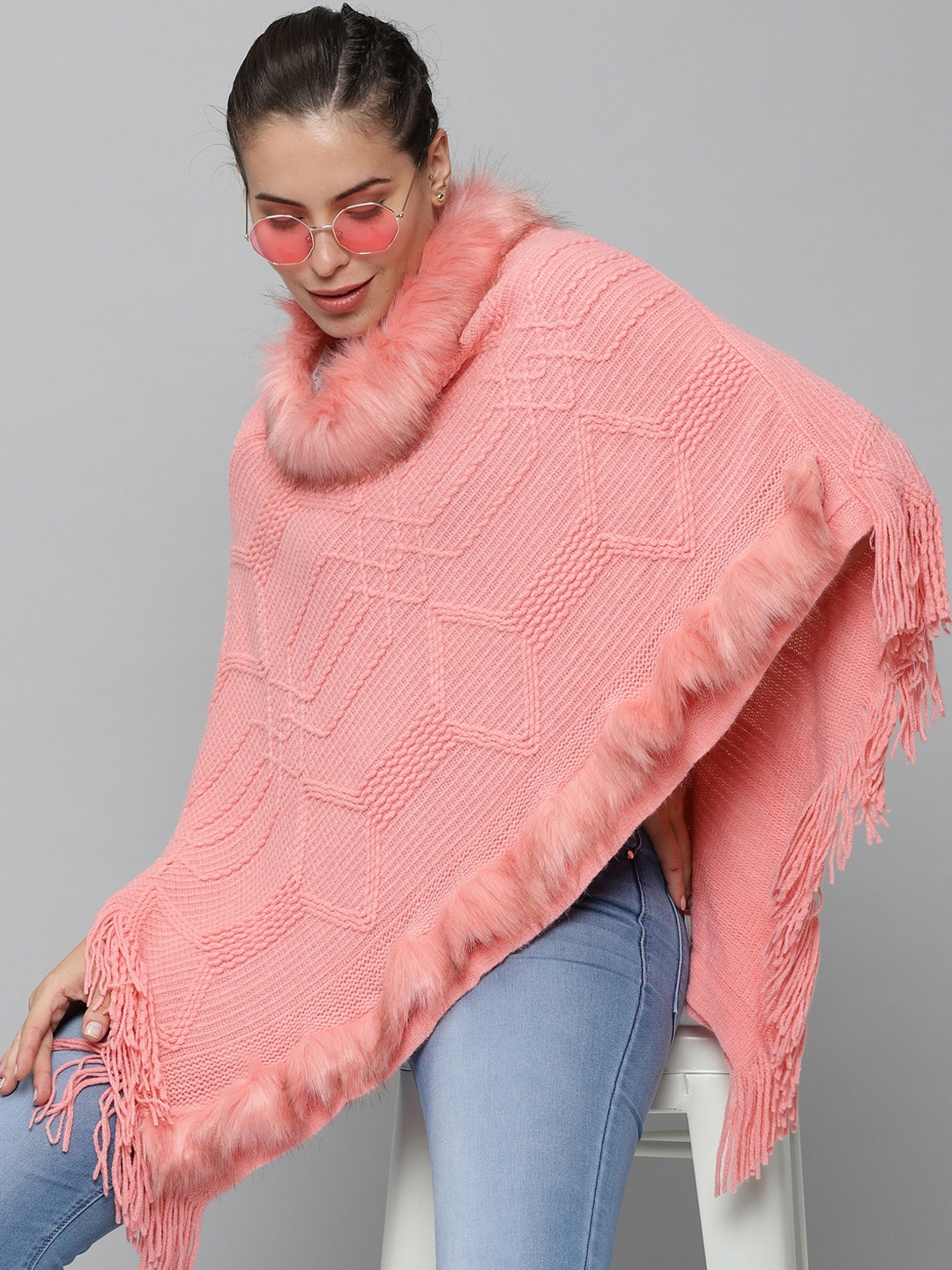 

SHOWOFF Women Pink Cable Knit Longline Wool Poncho with Fuzzy Detail