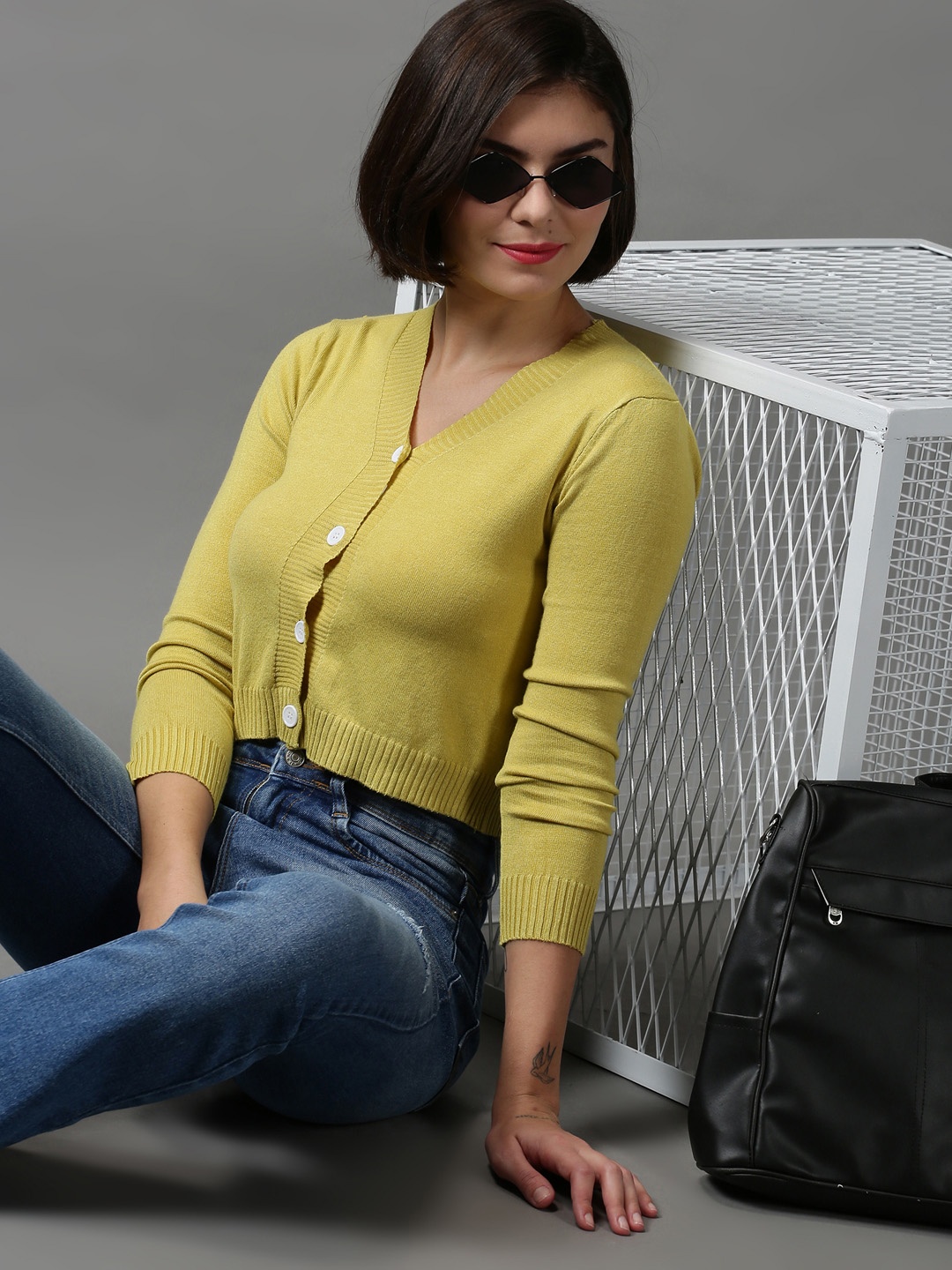 

SHOWOFF Women Lime Green Crop Wool Cardigan