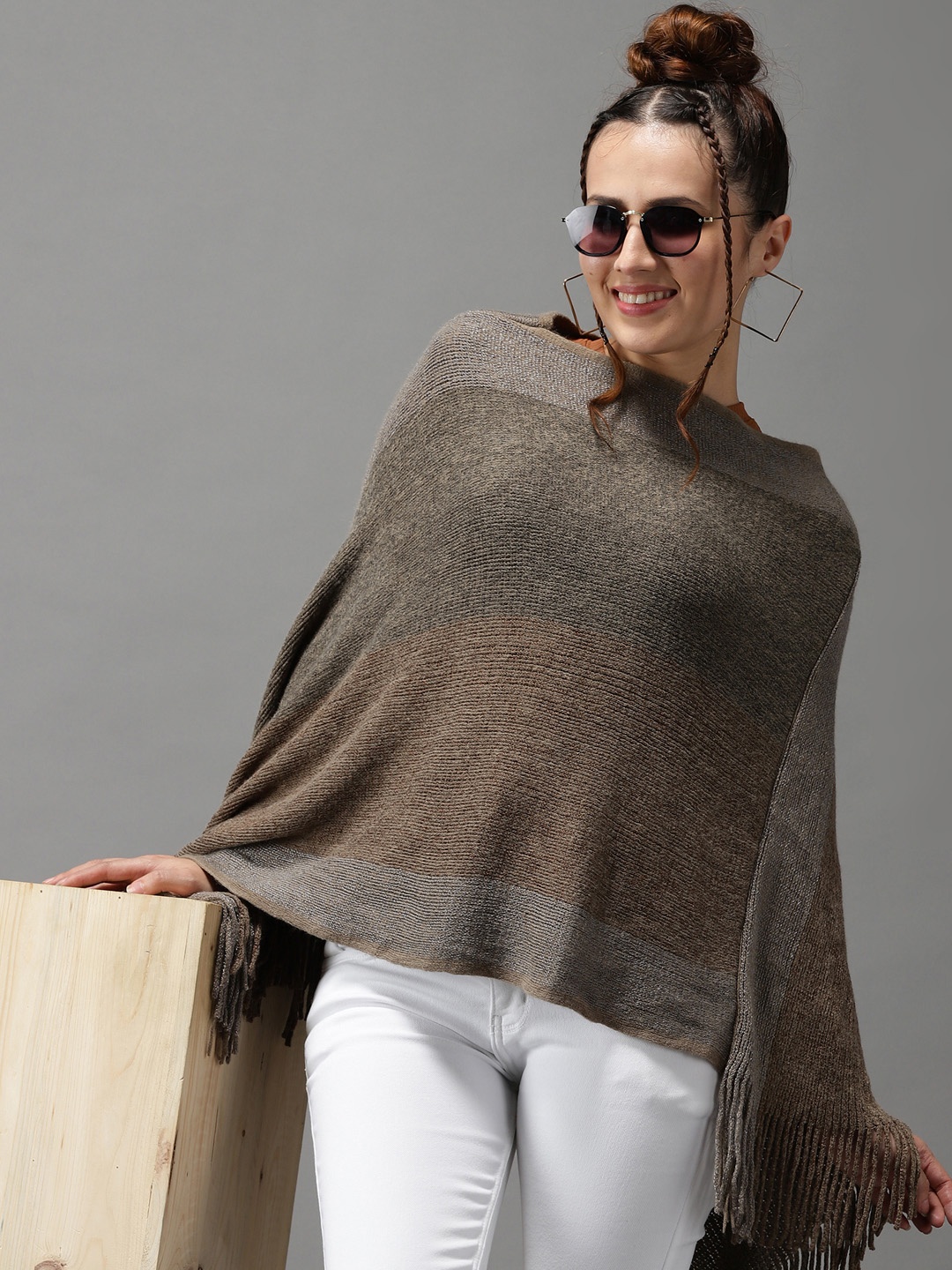 

SHOWOFF Women Brown & Green Colourblocked Longline Wool Poncho