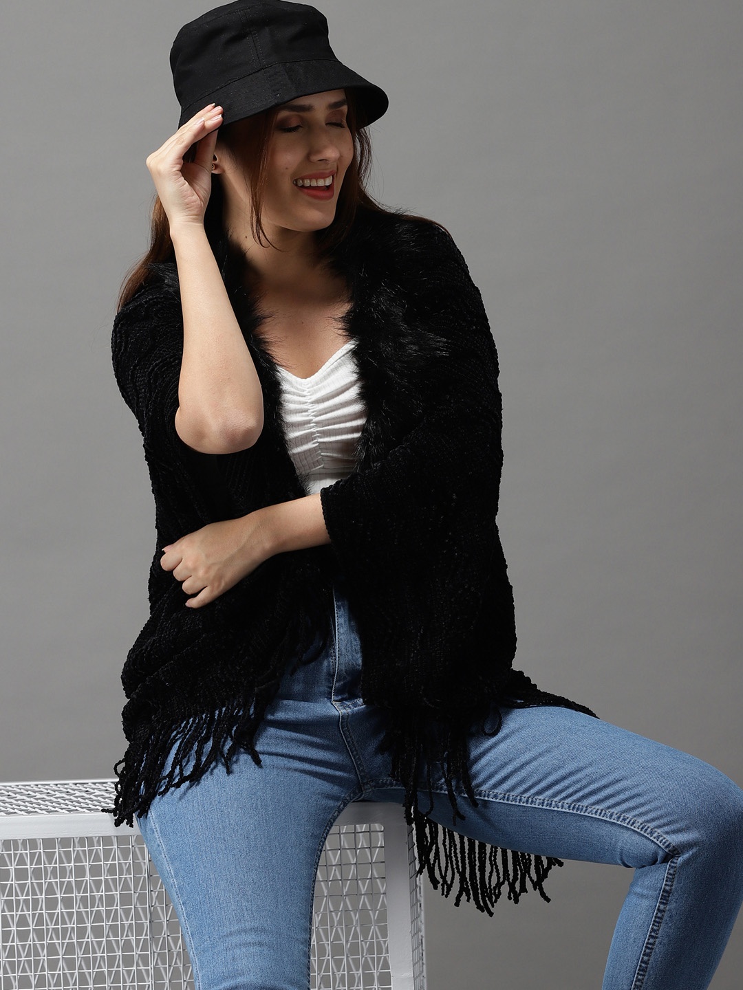 

SHOWOFF Women Black Longline Poncho with Fuzzy Detail