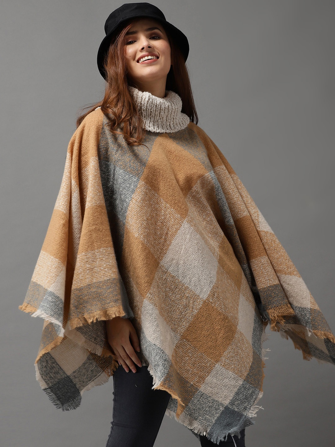 

SHOWOFF Women Brown & Grey Checked Longline Poncho with Fuzzy Detail