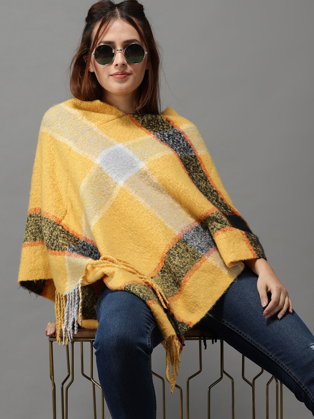 

SHOWOFF Women Yellow & Black Checked Longline Poncho with Fuzzy Detail