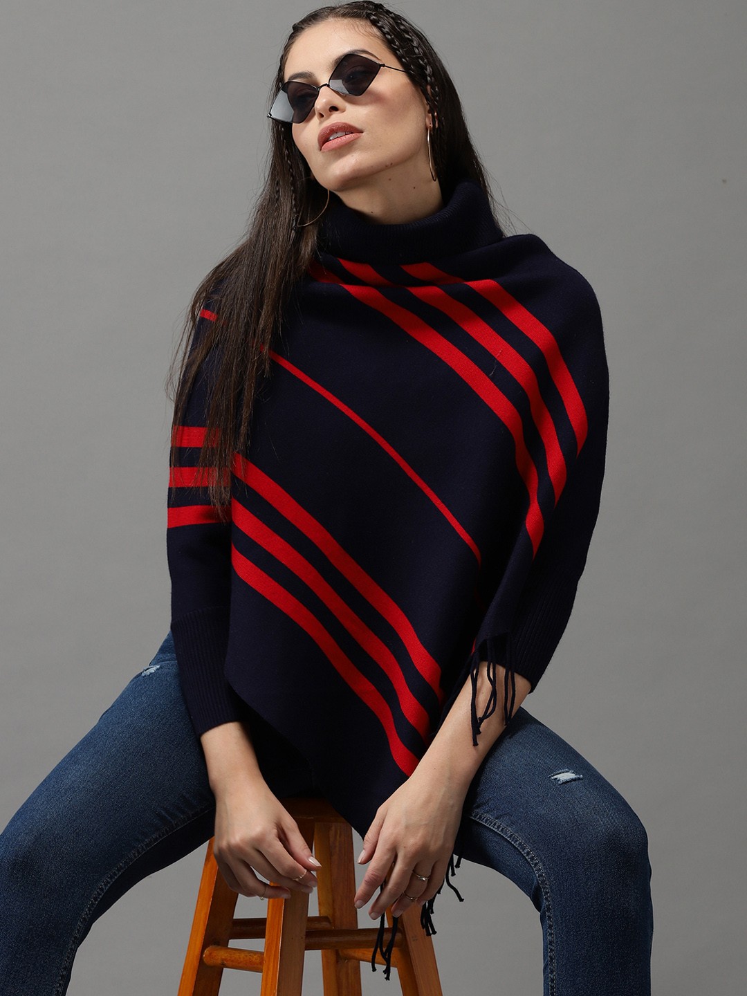 

SHOWOFF Women Navy Blue & Red Striped Longline Poncho