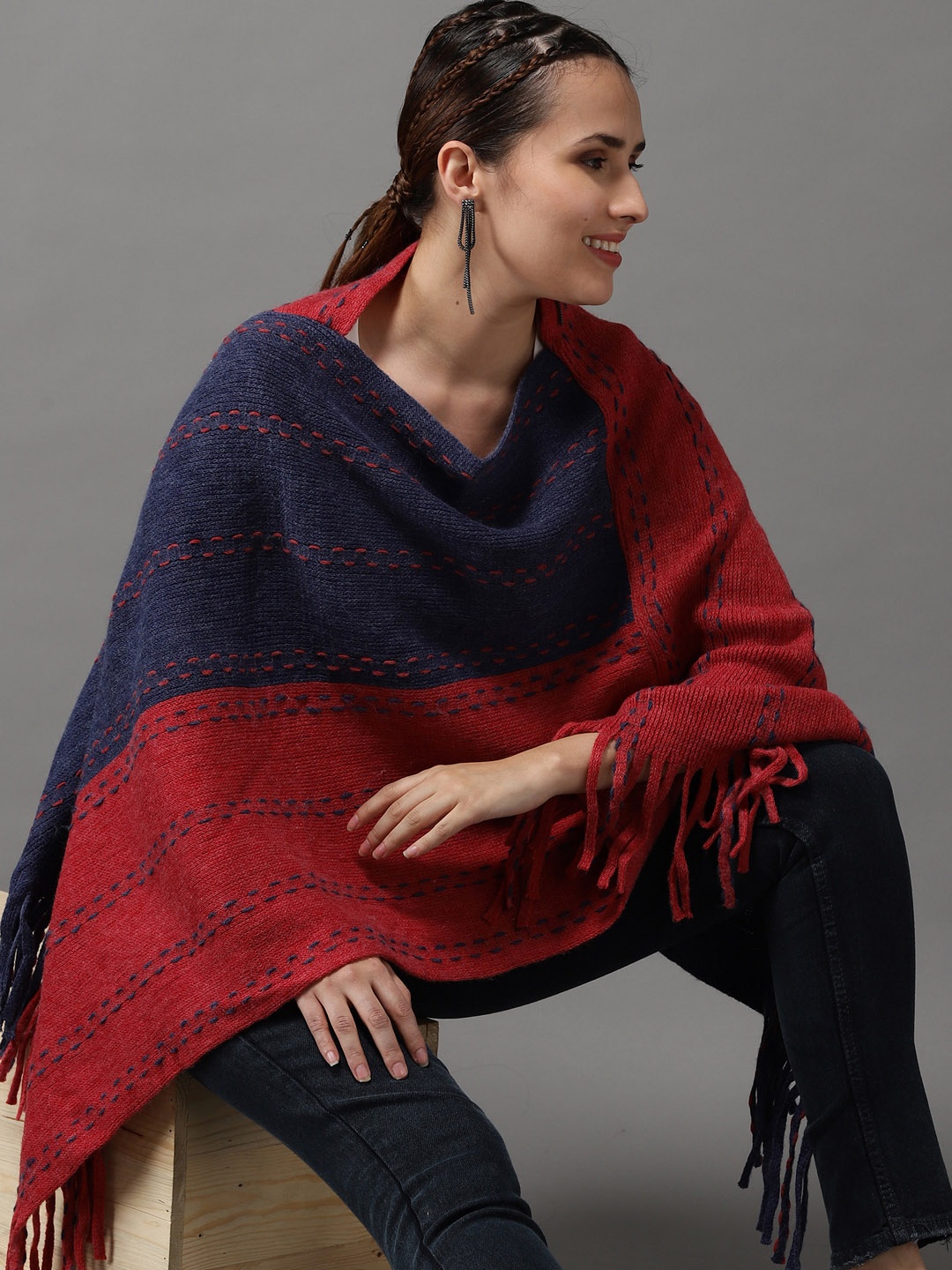 

SHOWOFF Women Red & Blue Colourblocked Longline Poncho