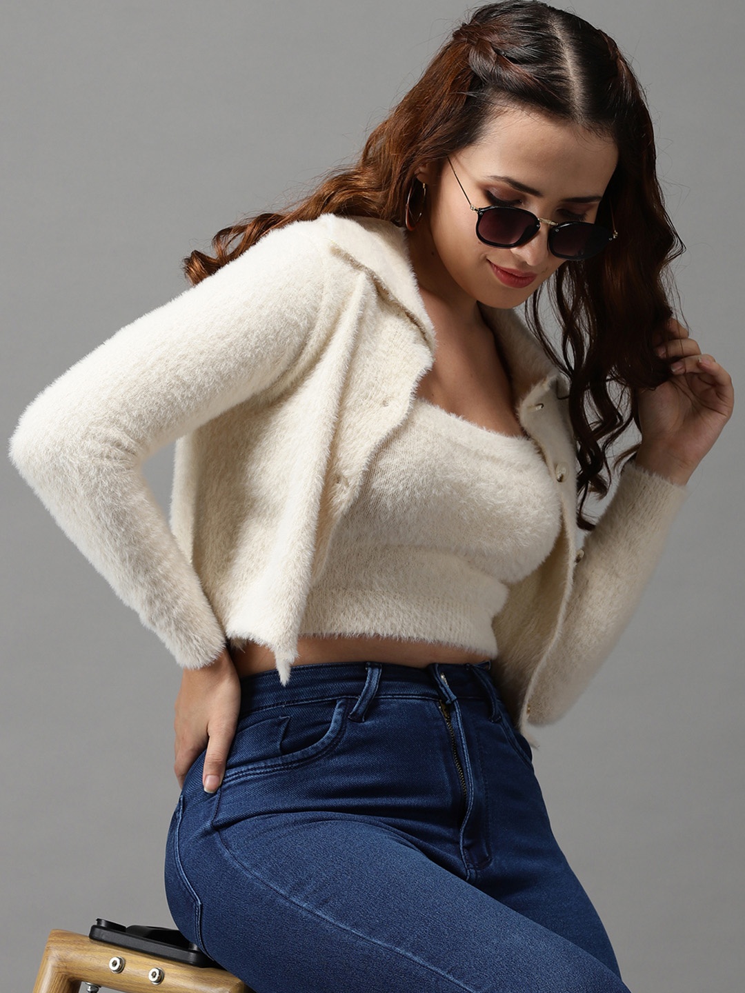 

SHOWOFF Women Cream Acrylic Cardigan with Fuzzy Detail