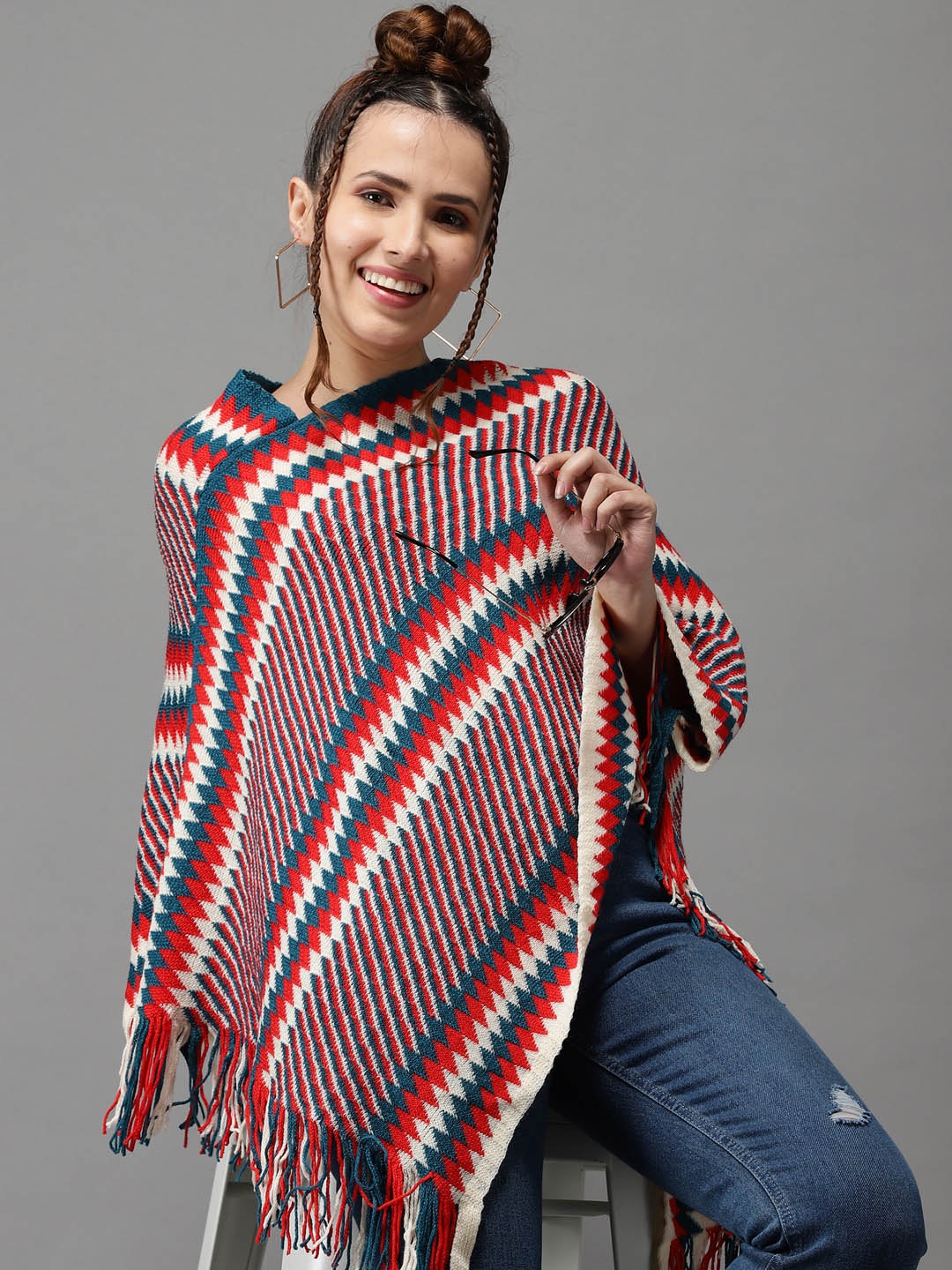 

SHOWOFF Women Red & Teal Checked Longline Poncho
