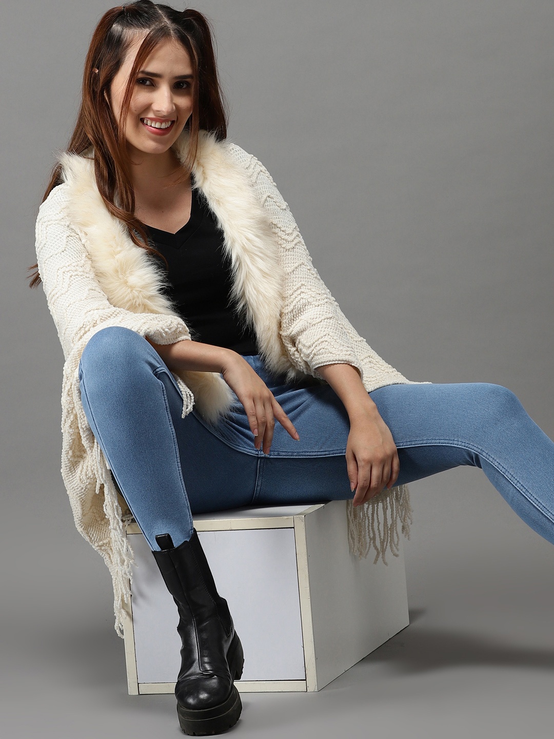 

SHOWOFF Women Cream-Coloured Cable Knit Longline Poncho with Fuzzy Detail