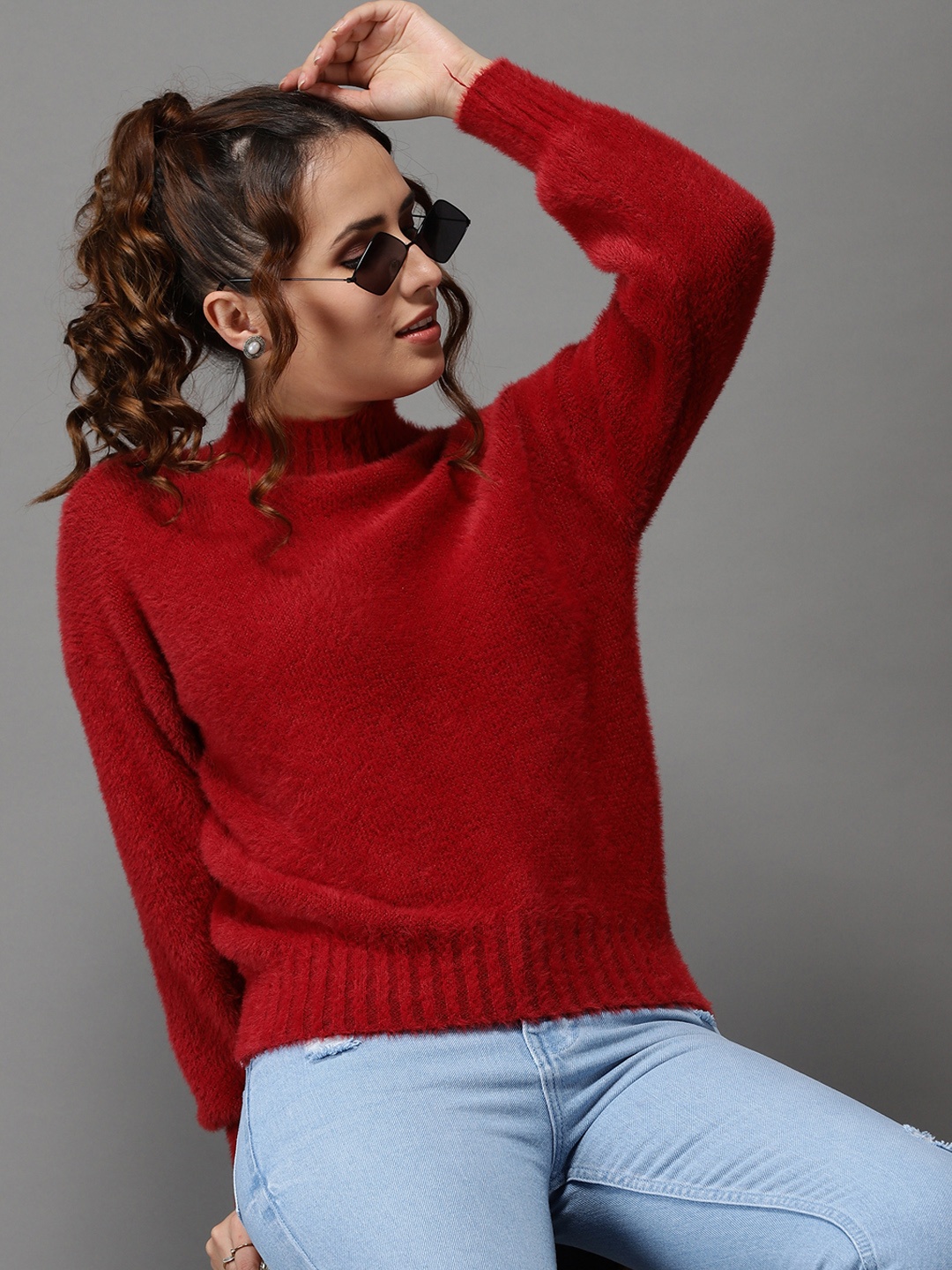 

SHOWOFF Red Round Neck Acrylic Pullover