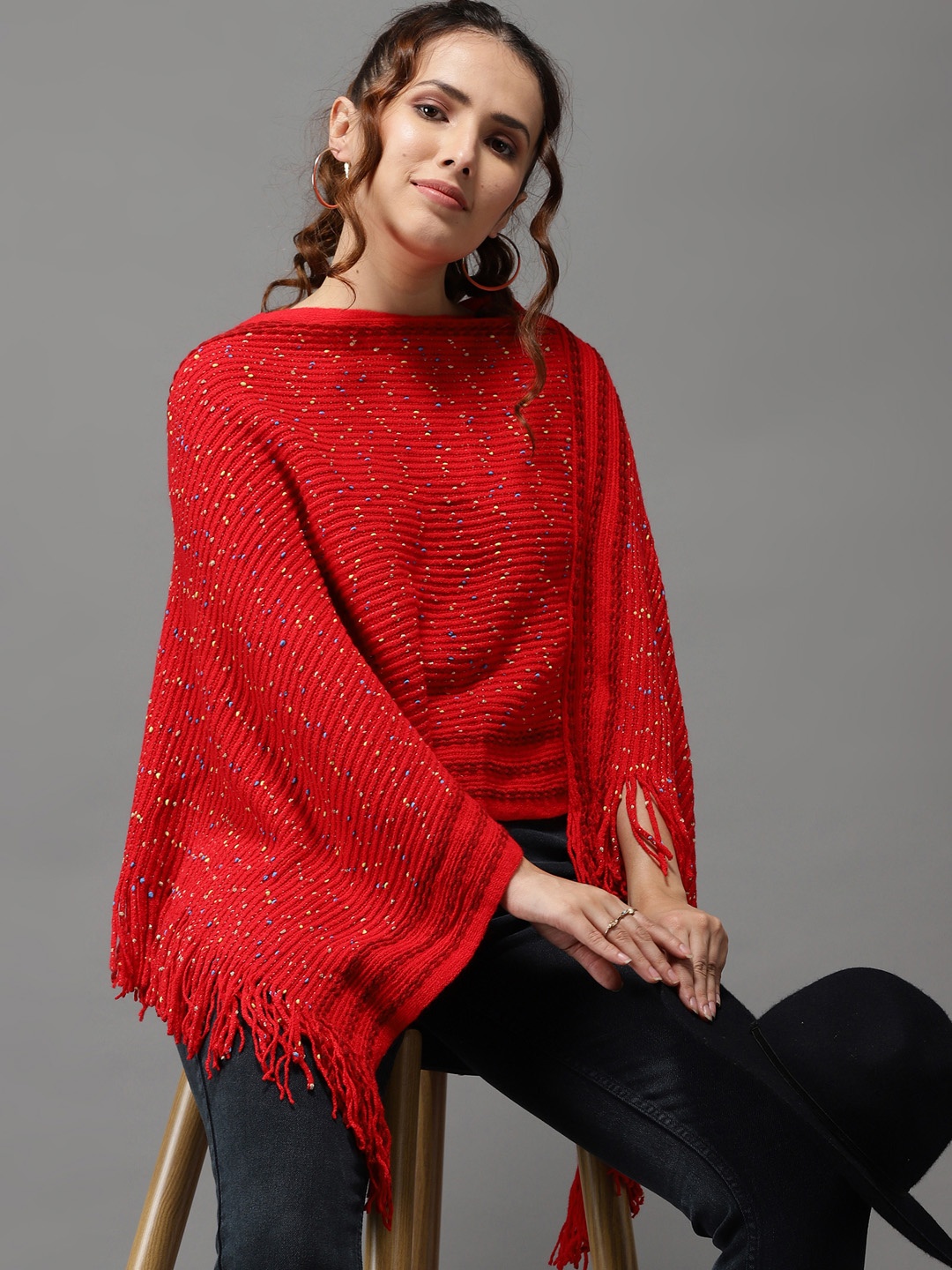 

SHOWOFF Women Red & Blue Longline Poncho with Embellished Detail