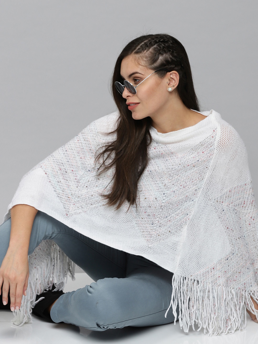 

SHOWOFF Women White Poncho with Fuzzy Detail