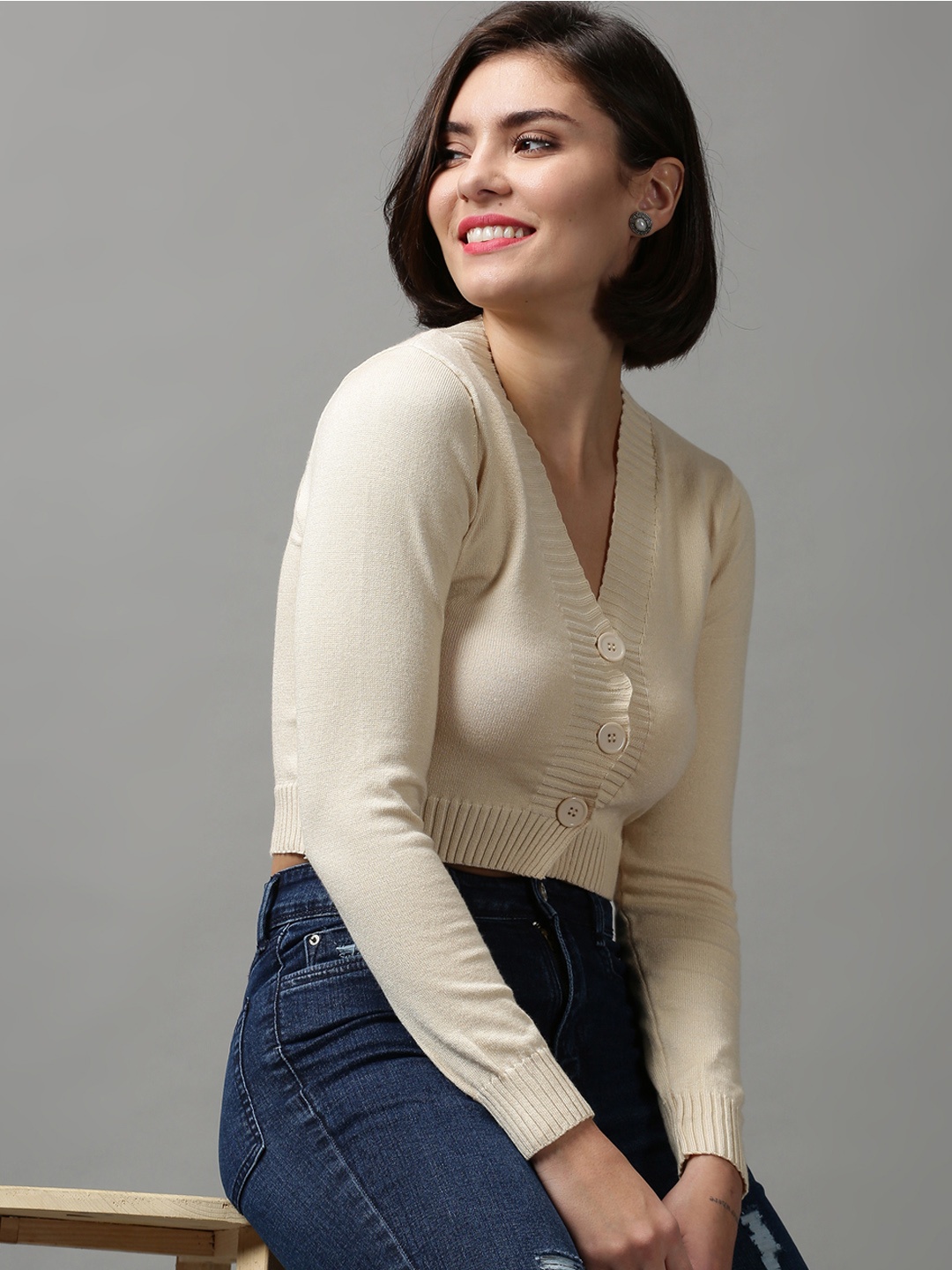 

SHOWOFF Women Cream Crop Cardigan