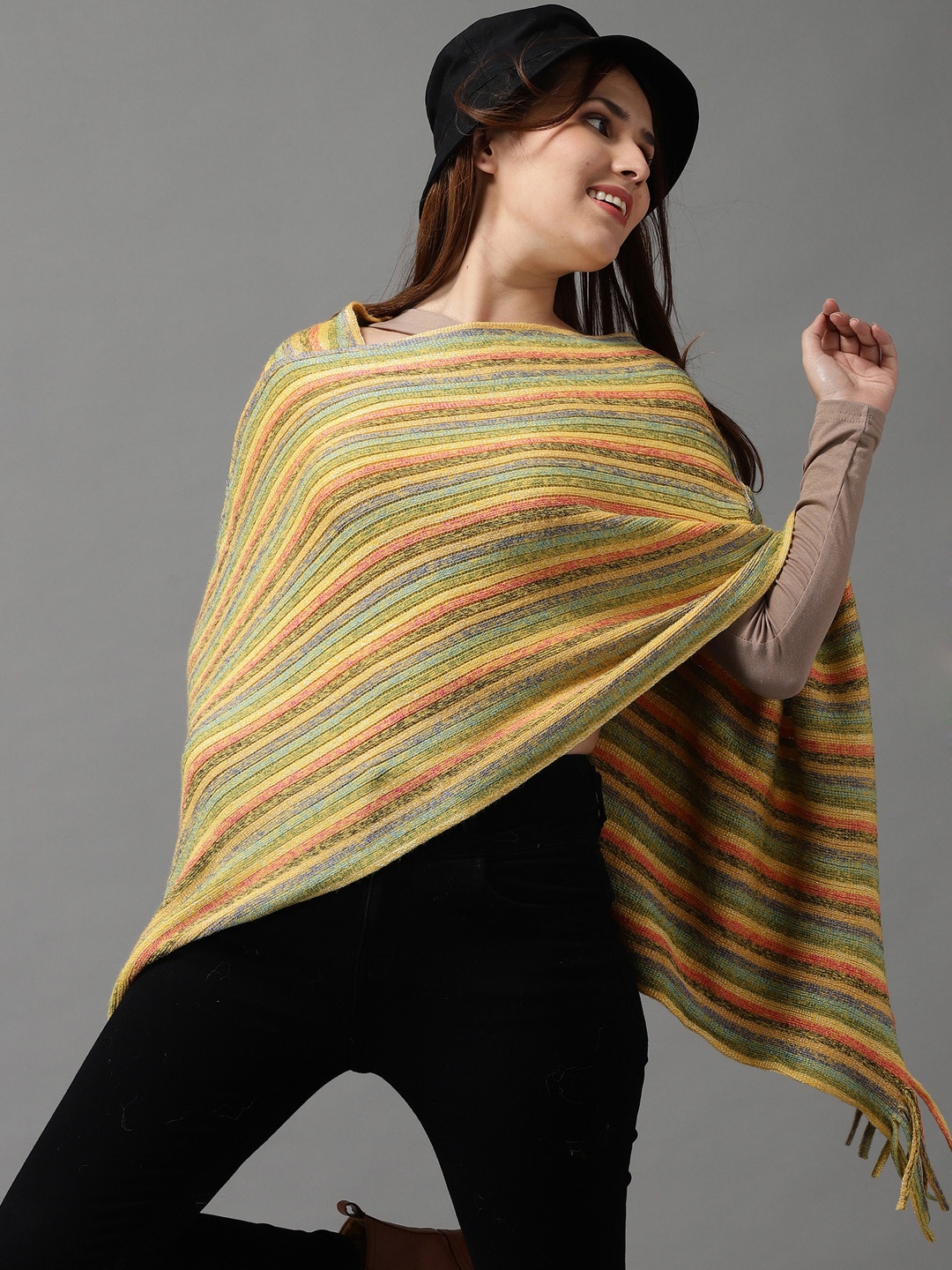 

SHOWOFF Women Yellow & Red Striped Longline Poncho