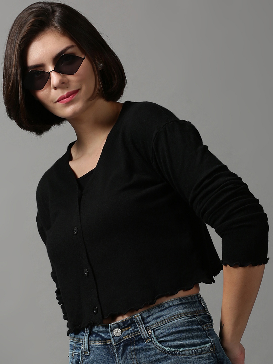 

SHOWOFF Women Black Crop Cardigan